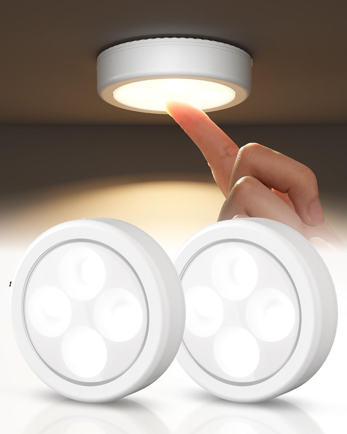 Compact Touch Activated LED Puck Lights - Rechargeable, 3 Color Modes, 2 Pack