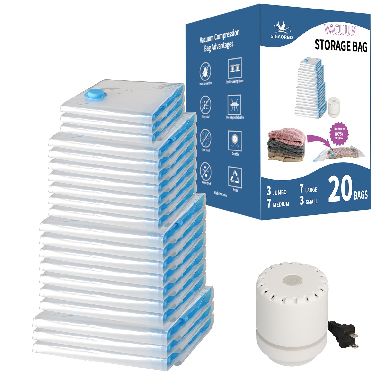 Vacuum Storage Bags Electric Pump 20 Pack, 20-Pack-E, Transparent, Sky Blue