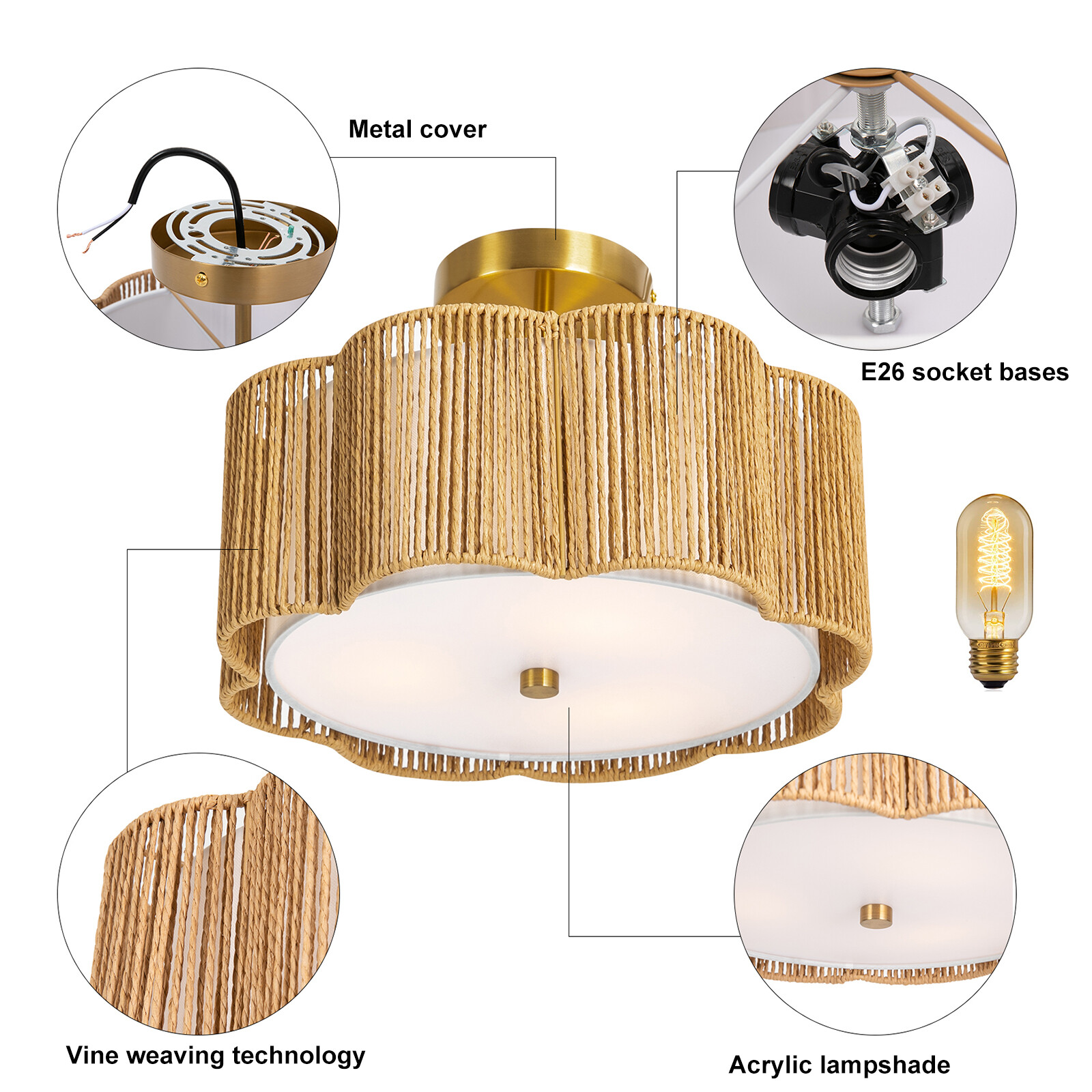 Rustic Ceiling Mount Rattan Light Ceiling Lamp Flush Mount Chandelier Fixture