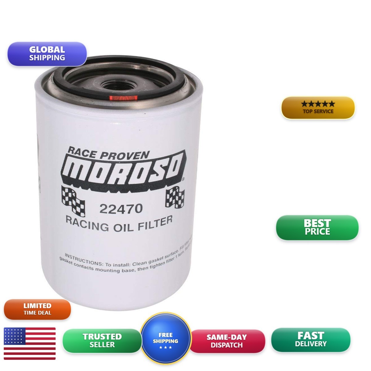 Moroso 22470 Racing Oil Filter Ford/Chrysler 3/4-16 Thread PH8A TG8A L30001 FL1A