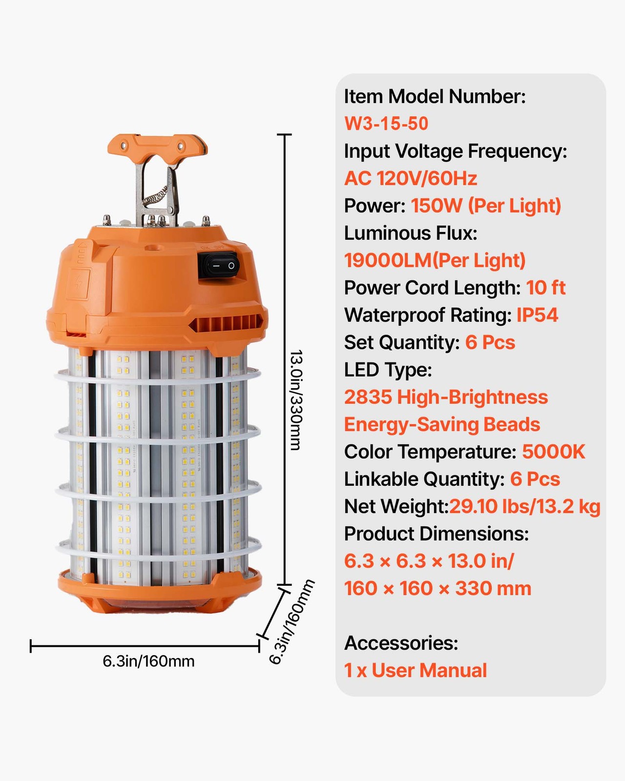 VEVOR LED Temporary Work Light 150W Construction Light 5000K Job Site Lighting