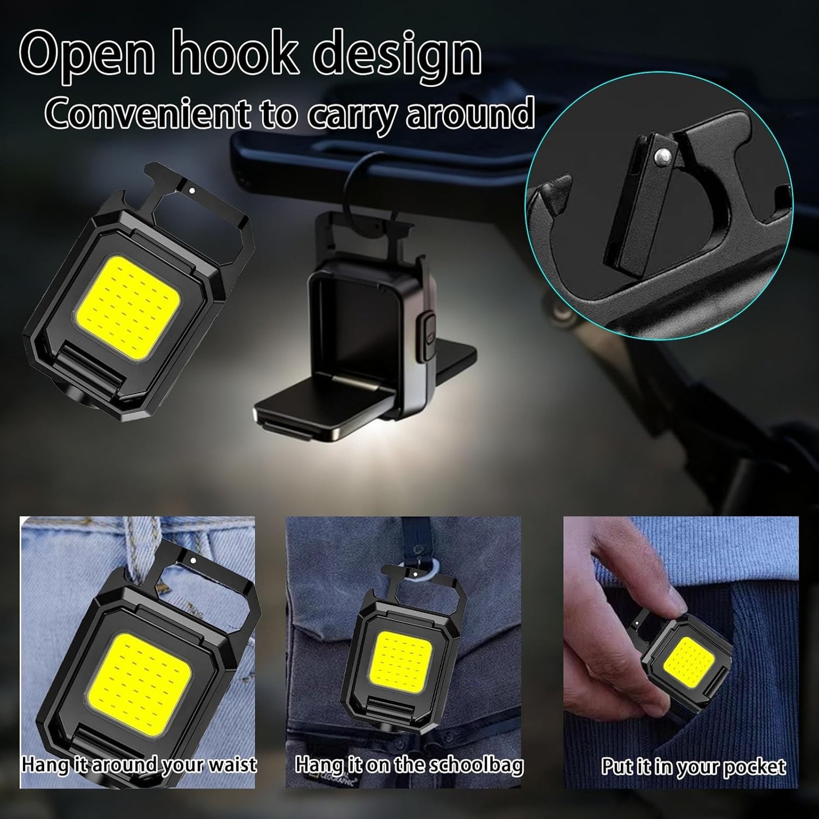 Rechargeable 2-Sided LED Keychain Work Light with Bottle Opener for Camping