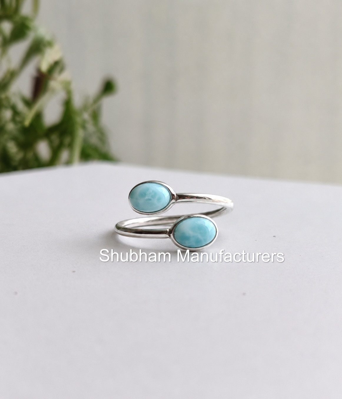 Natural Larimar Ring Dual Gemstone 925 Sterling Silver Bypass Handmade Ring