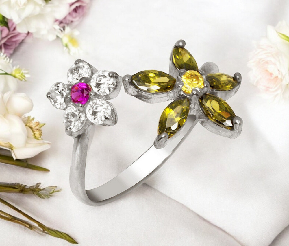 Solid 10K Yellow or White Gold Floral Bypass Adjustable Multi color CZ Toe Ring