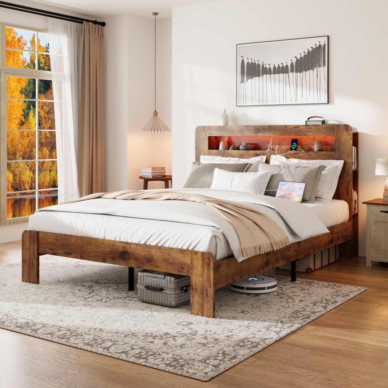 King Size Wood Platform Bed Frame w/ Storage Headboard & LED Lights & USB Port