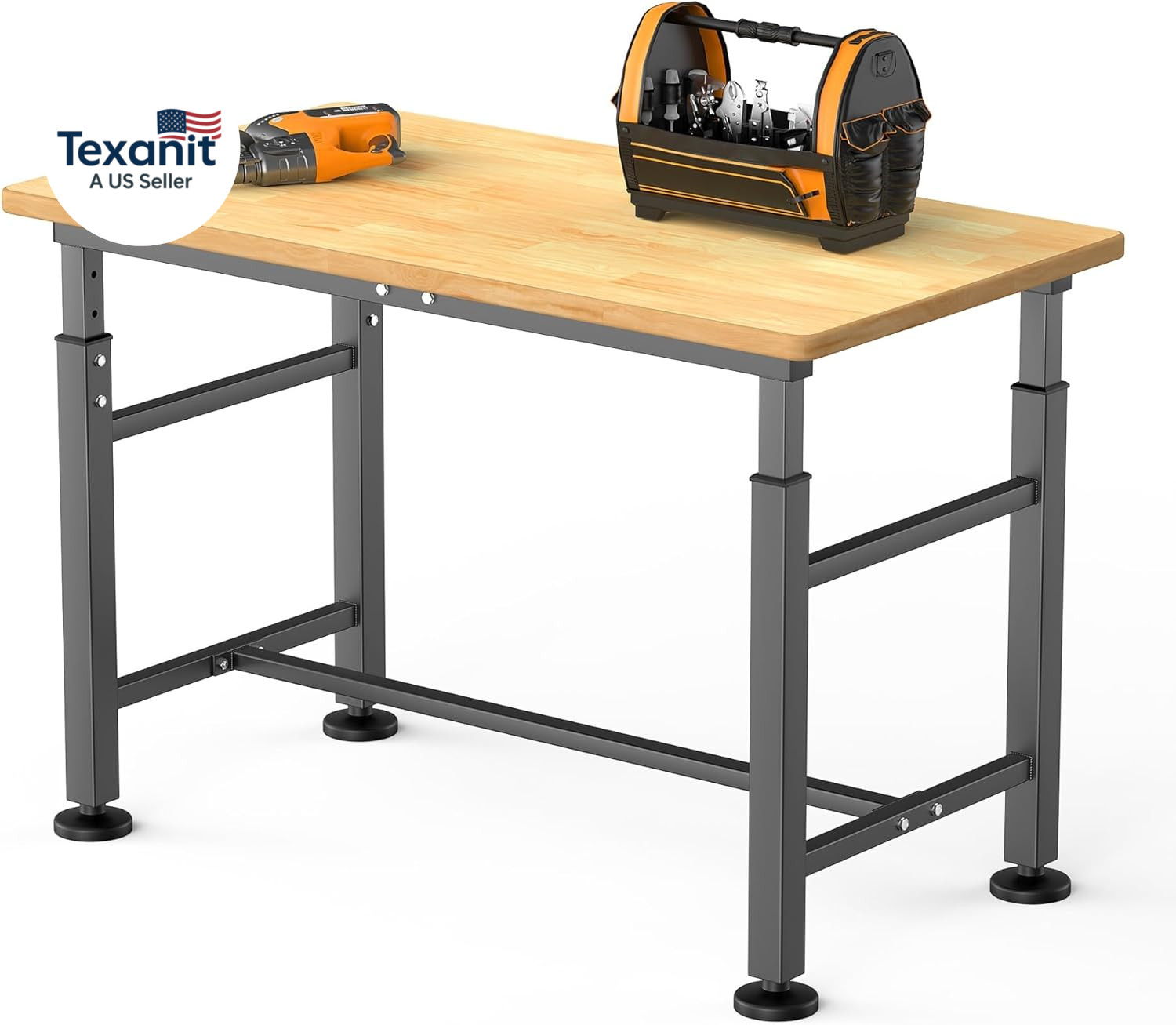 Adjustable Workbench with Rubberwood Top, 47.75" X 23.25" Heavy-Duty Garage Work