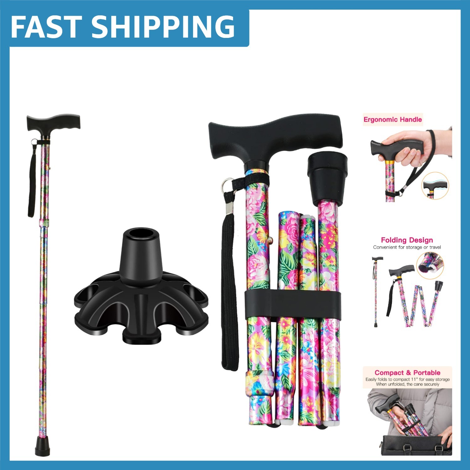 Lightweight Pink Print Walking Cane | Ergonomic T-Handle & Adjustable Design