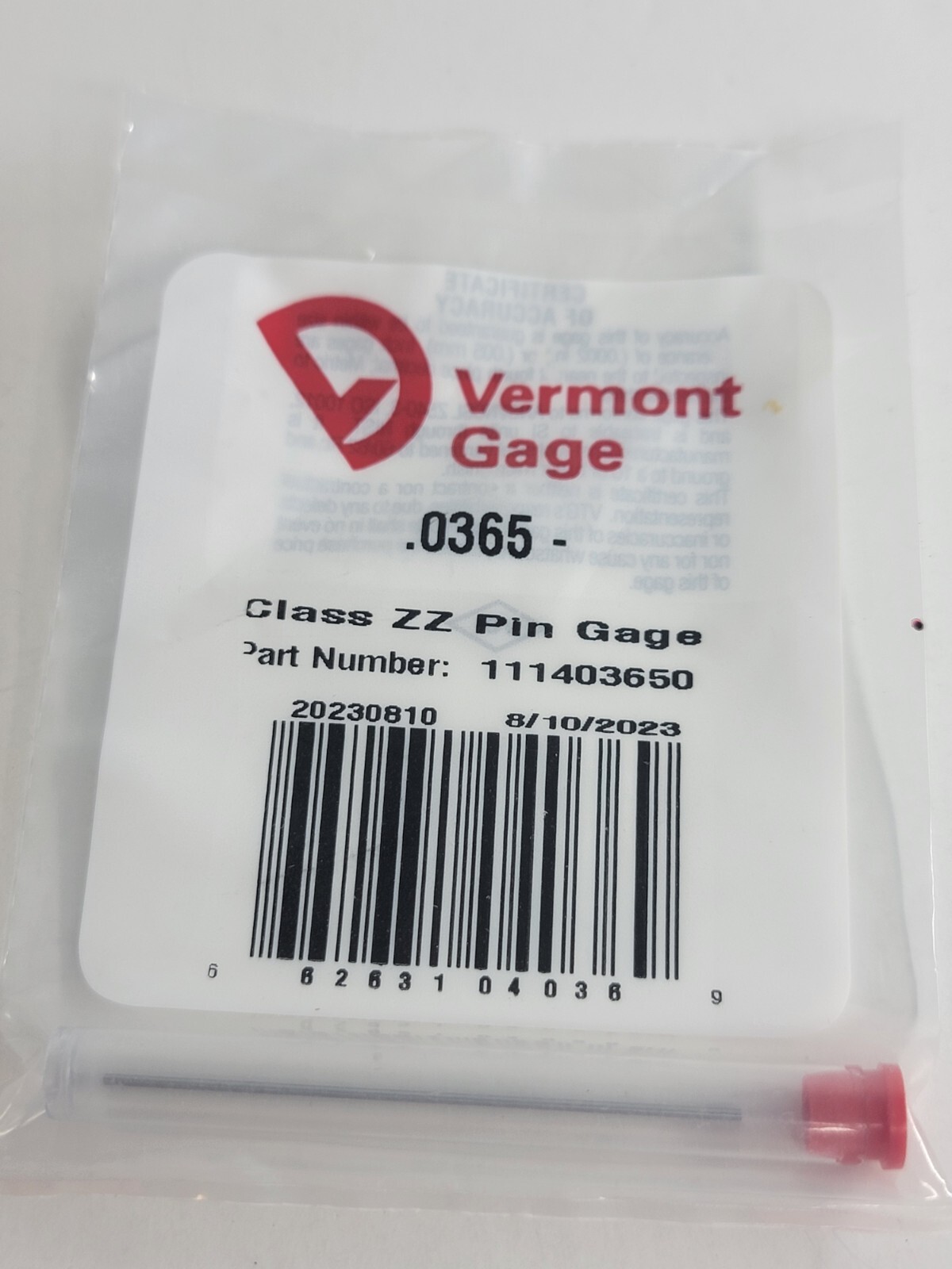 Vermont Gage - 111403650 - .0365" Minus - Class ZZ Pin Gage