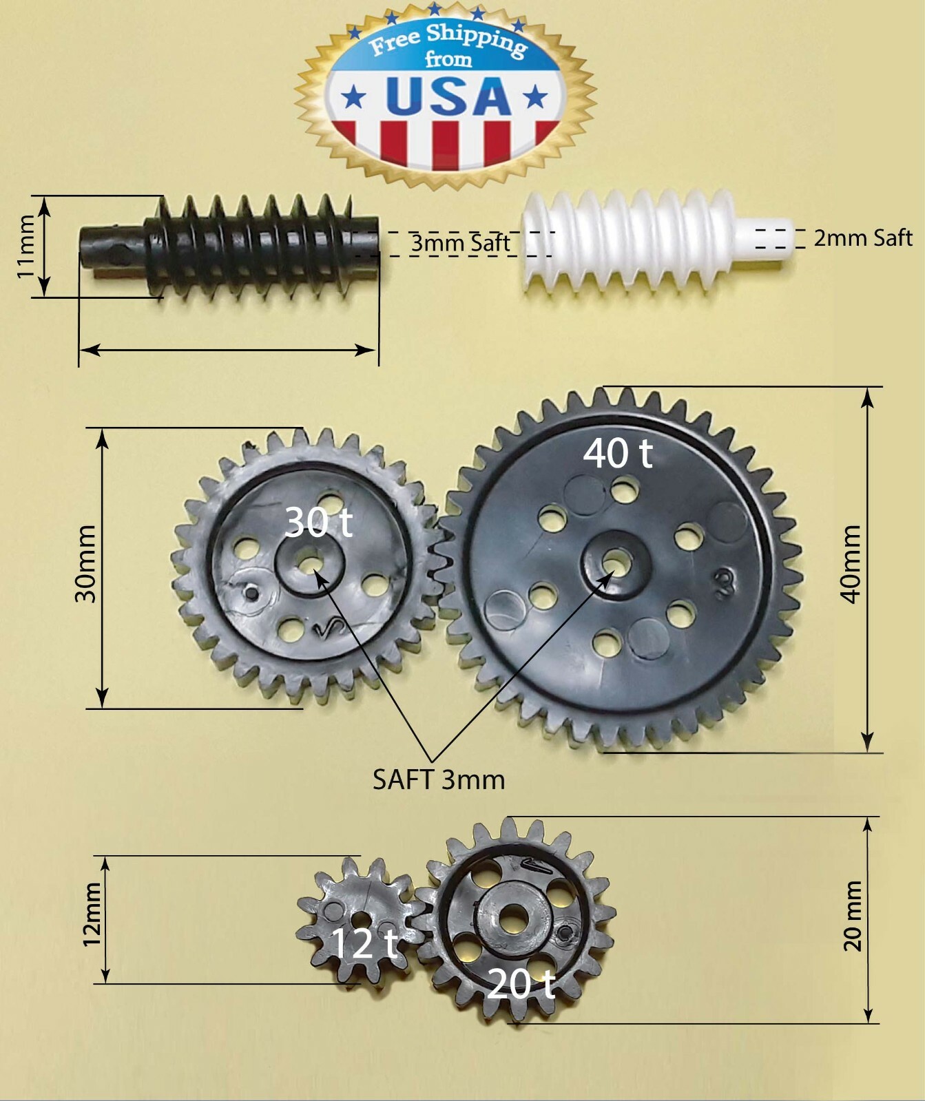 Set of Plastic Gears - 2x Worm gears and 4 x Round gears Module 1- New