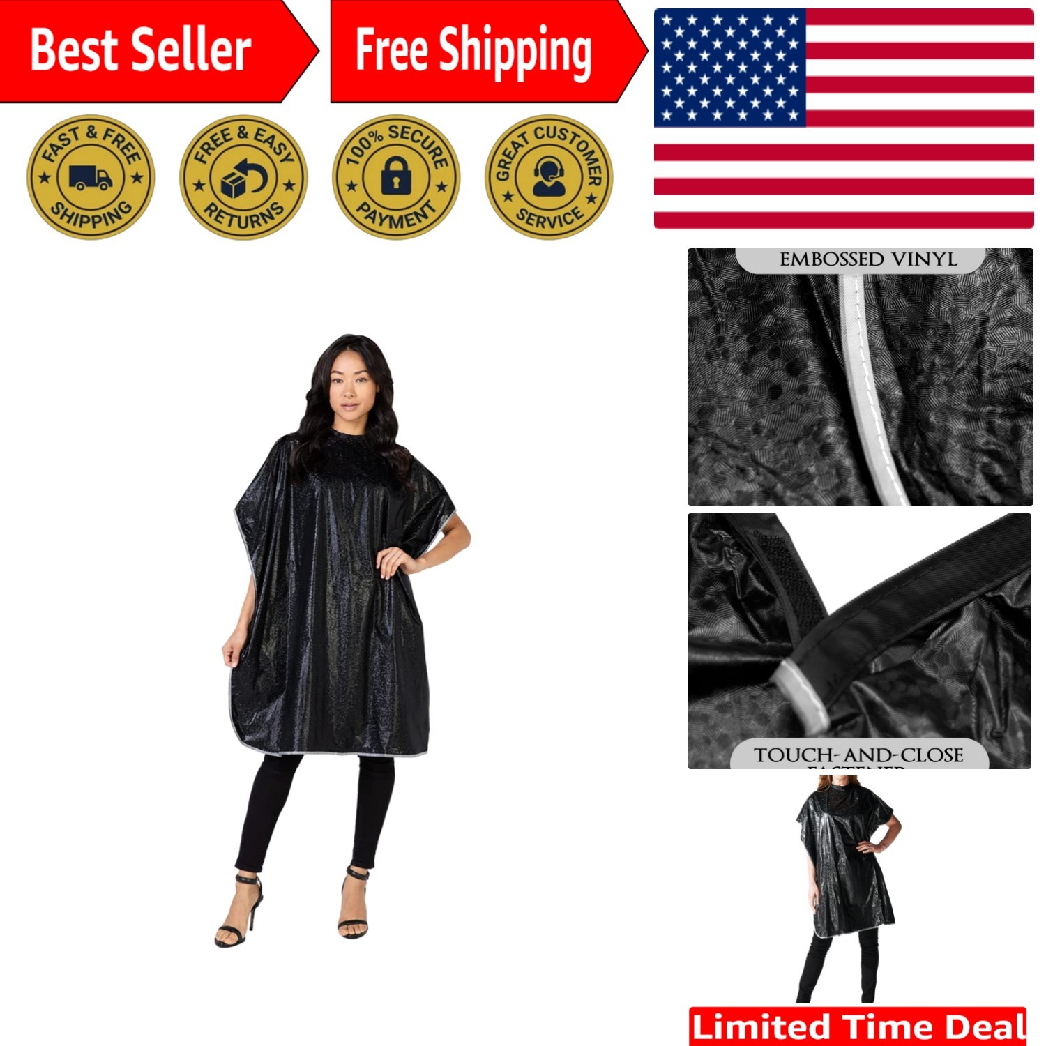 Stain Resistant Vinyl Shampoo Cape with Soft Neckband - Elegant Black Hair Cape