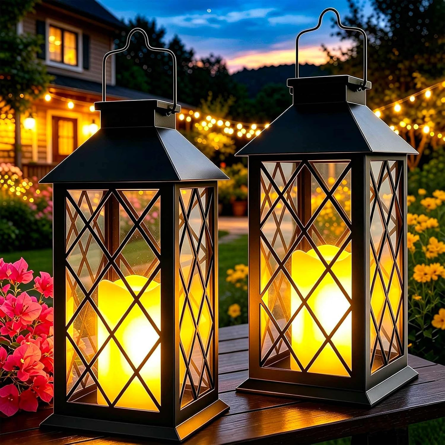 2 Pack 11" Medium Tempered Glass Solar Lanterns Outdoor Waterproof | Hanging Sol