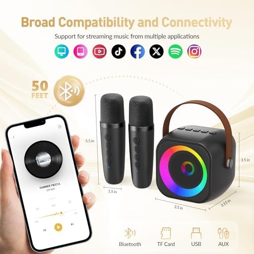 Mini Karaoke Machine, Portable Bluetooth Karaoke Speaker with 2 Wireless Black