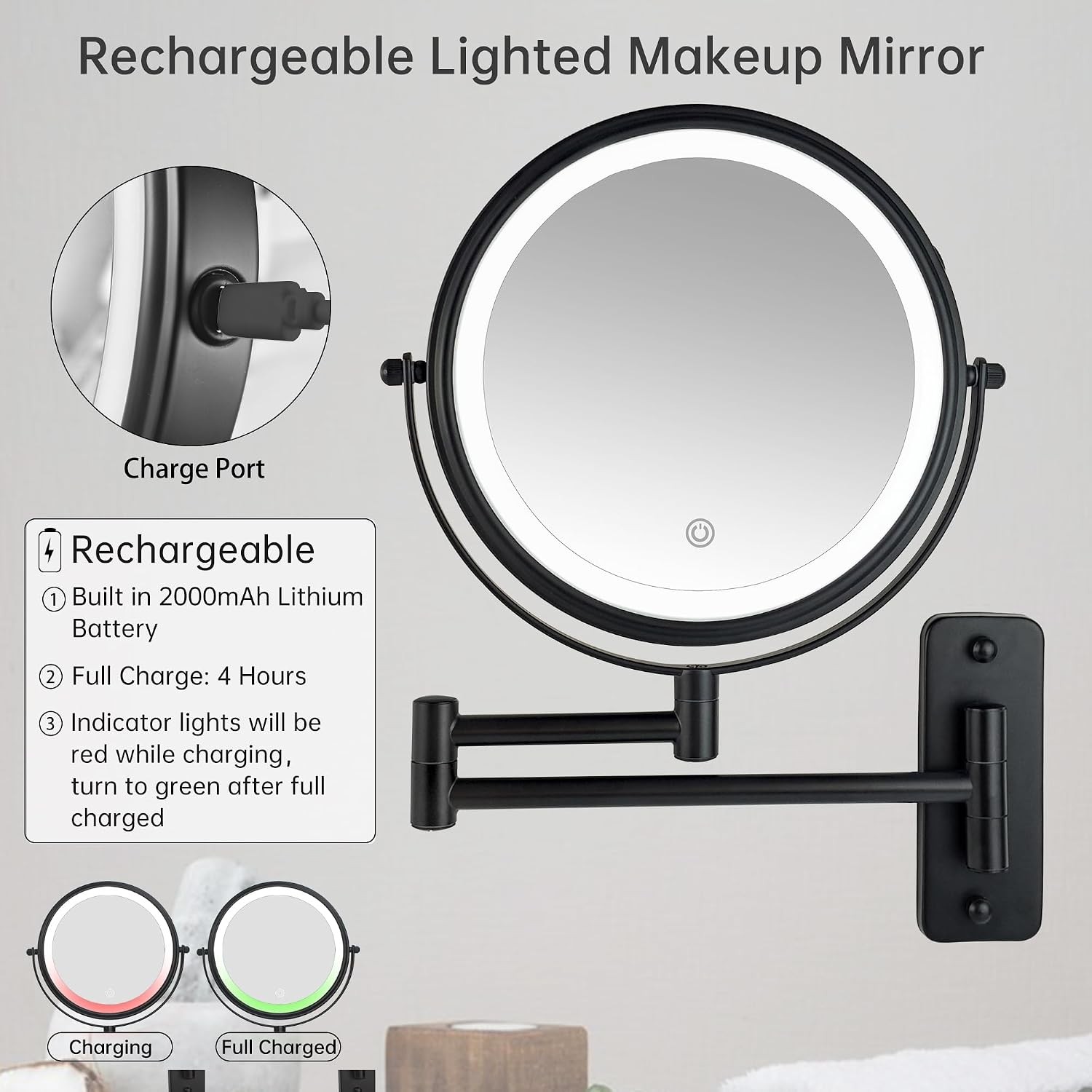 JANEEVA 8" Wall Mounted Lighted Makeup Mirror,Rechargeable Double Sided 1X/10X M