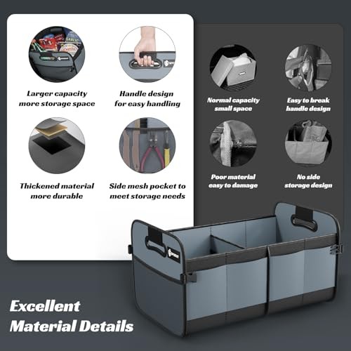 70L Collapsible Car Trunk Organizer - 11 Large Grey Trunk Storage