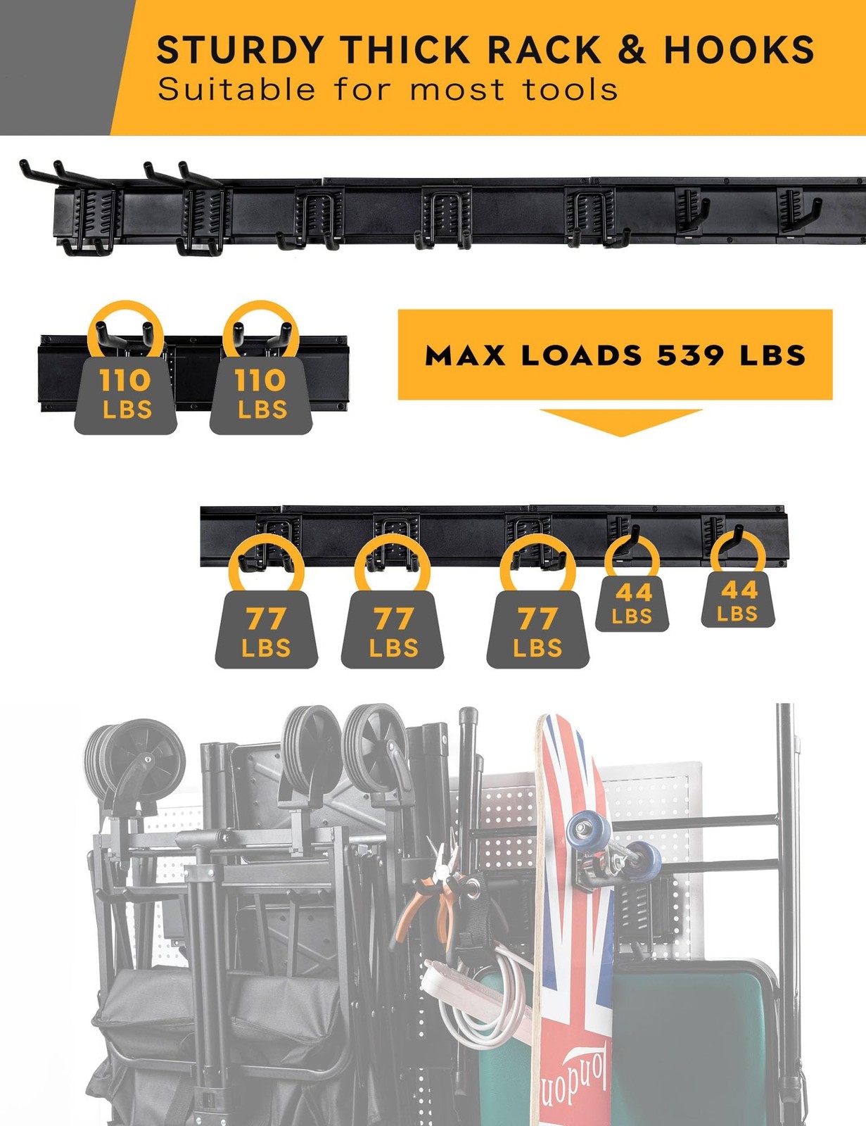Wall Mount Garden Tool Organizer - 48 Inch Max Load 539lbs with14 PCS Adjusta...