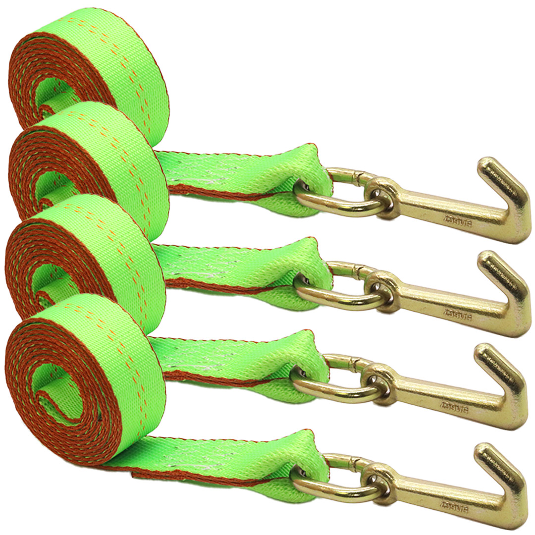 BXR (4) Mini J Hook Strap - 2" x 8' Towing Strap with Strap Protector-Thick Web