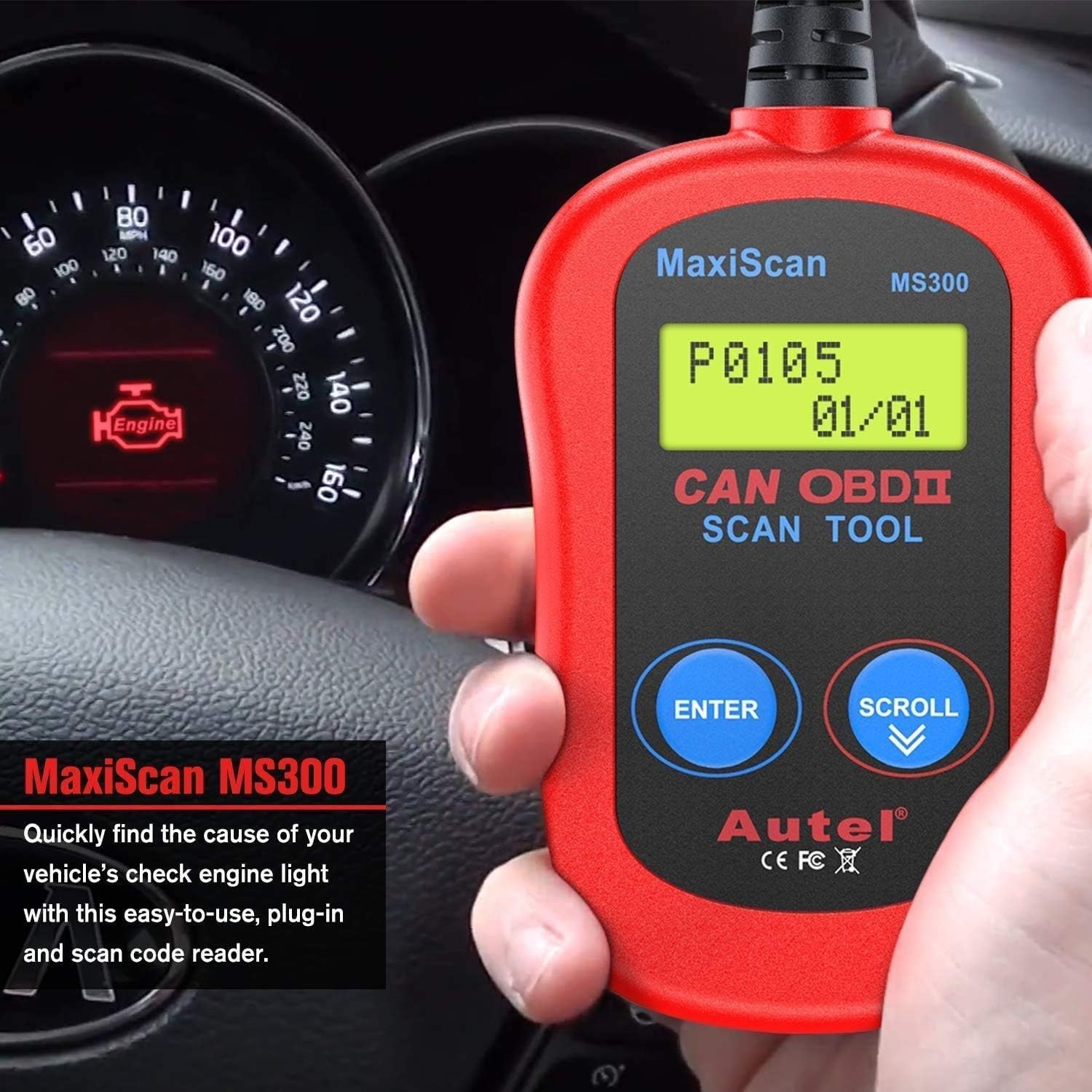 MS300 Scanner Code Reader, Turn Off Check Engine Light, Read & Erase Fault Co...