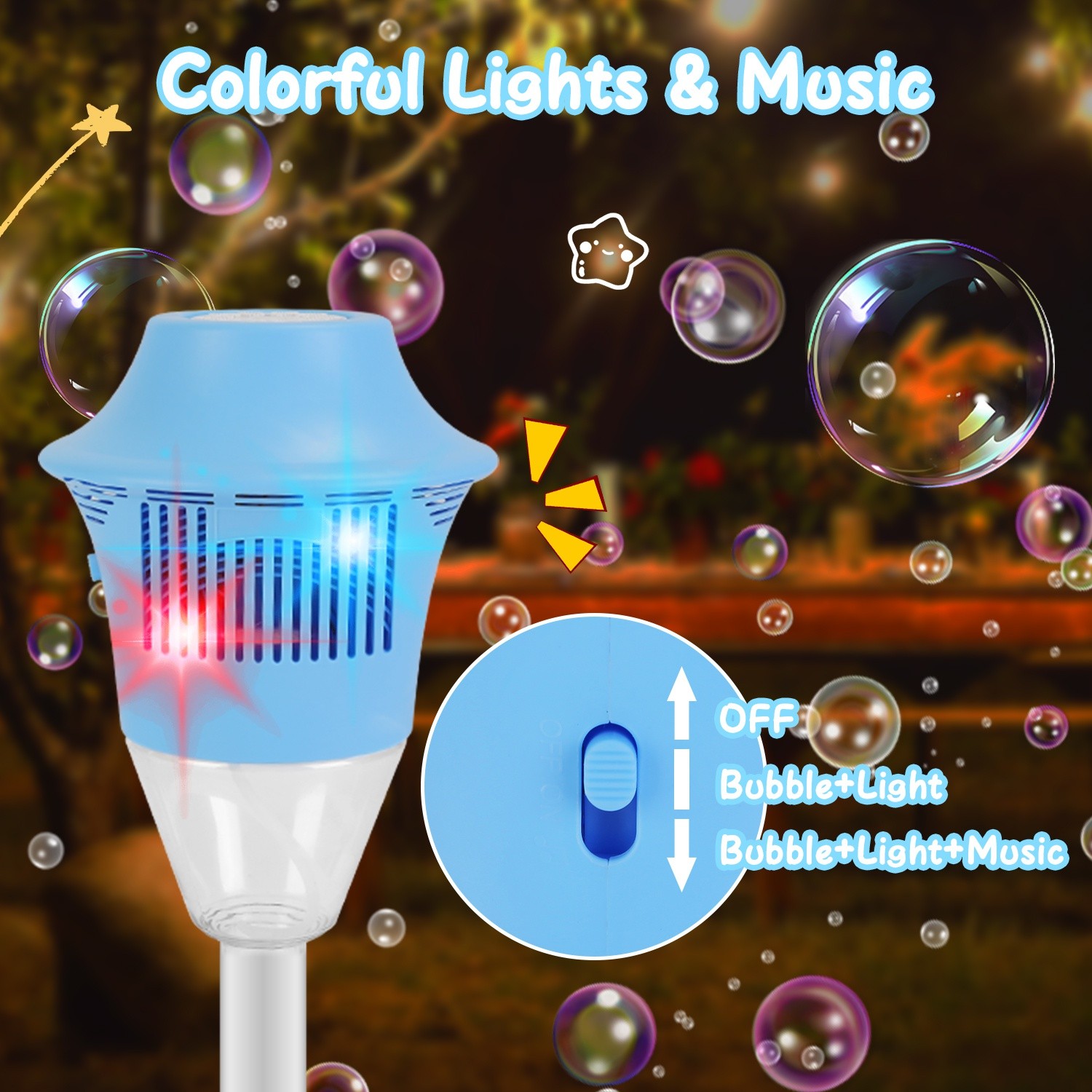 3-In-1 Bubble Torch Garden Lamp Automatic Bubble Maker Stand with Lights & Music