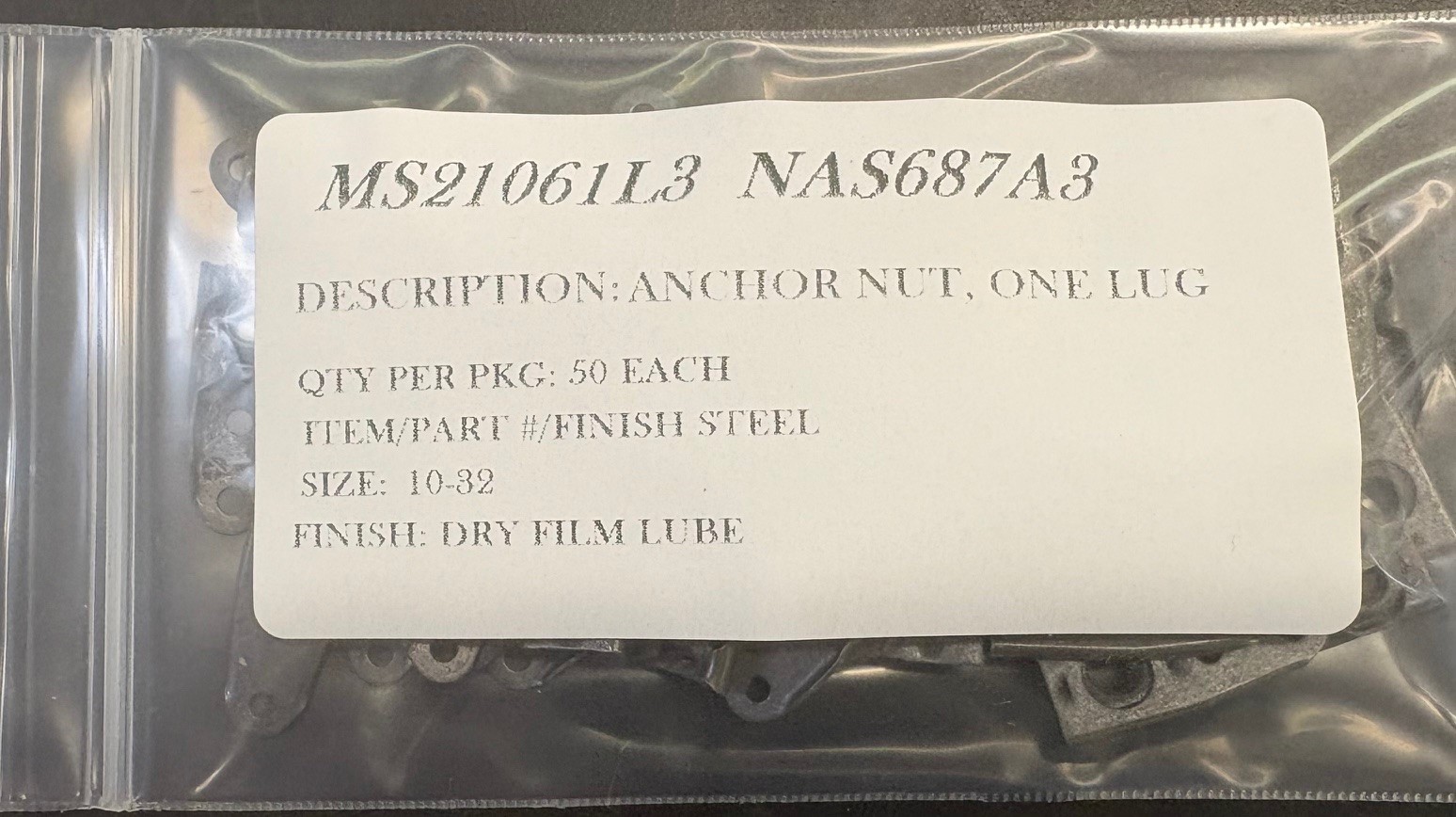 MS21061L3 NAS687A3 ANCHOR NUT FLOATING 1 LUG PACK 50/EA 10-32 THREAD
