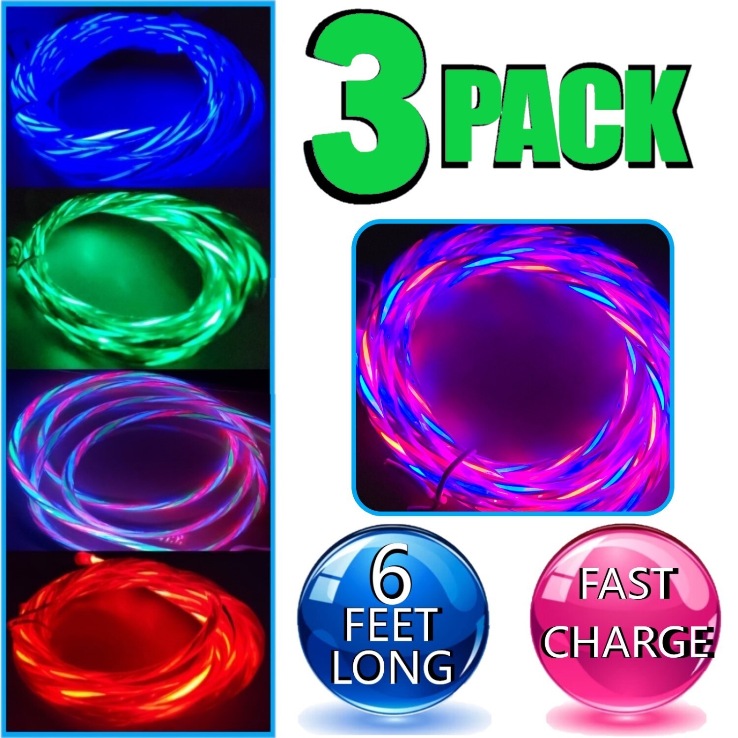 3 Pack LED Fast Charger 6ft USB Cable Cord for Apple iPhone 7 8 X XR 11 12 13 14