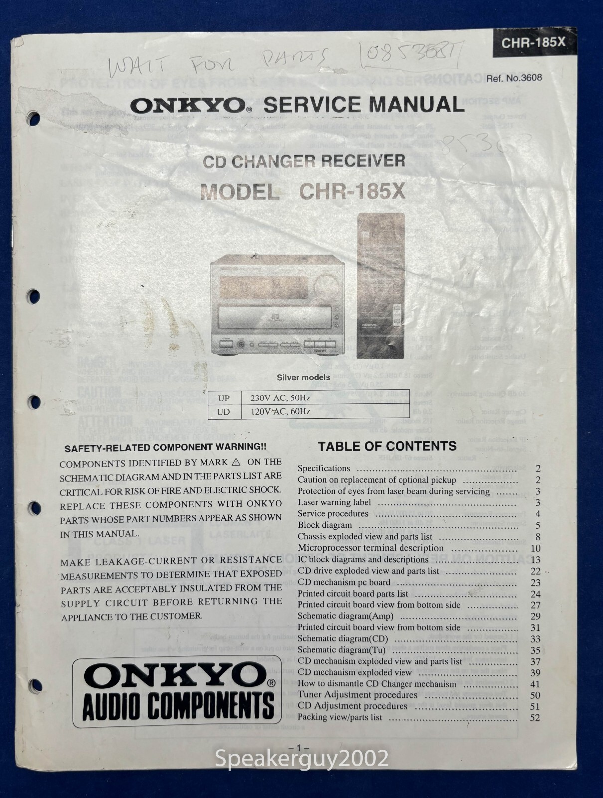 Original Onkyo CHR-185X CD Changer Receiver Service Manual
