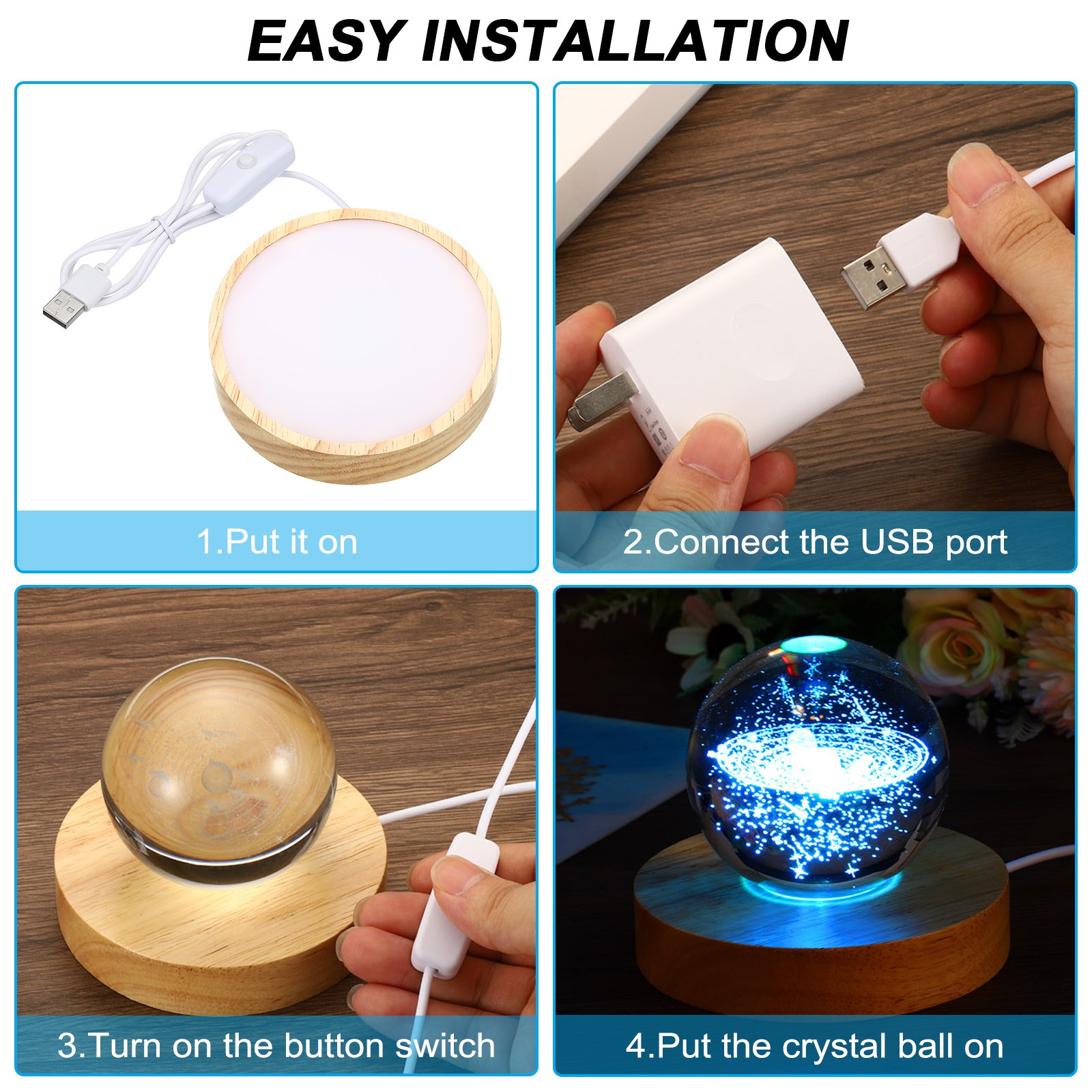 2pcs 4" Wooden LED Light Base Wood Light Display Base Stand White Light Color