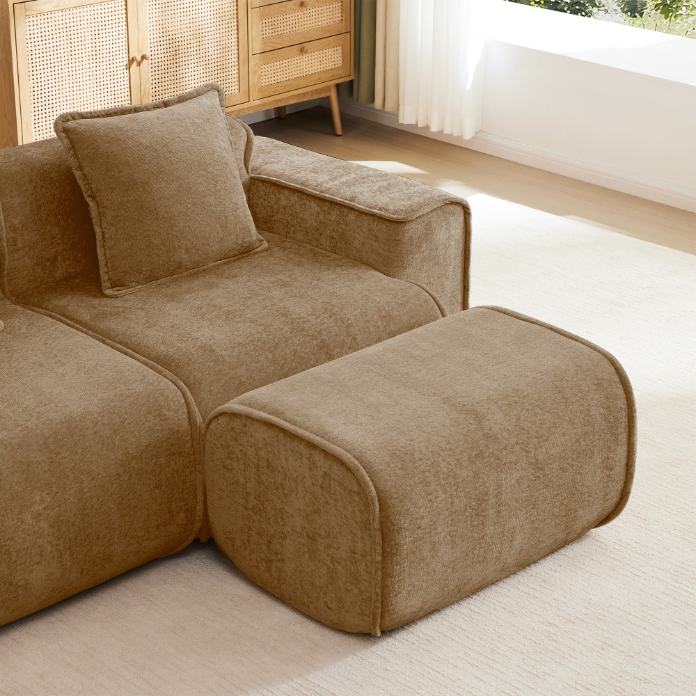 L-Shape Sectional Sofa w/ Ottoman Compressed Sofa Velvet Brown, No Assembly