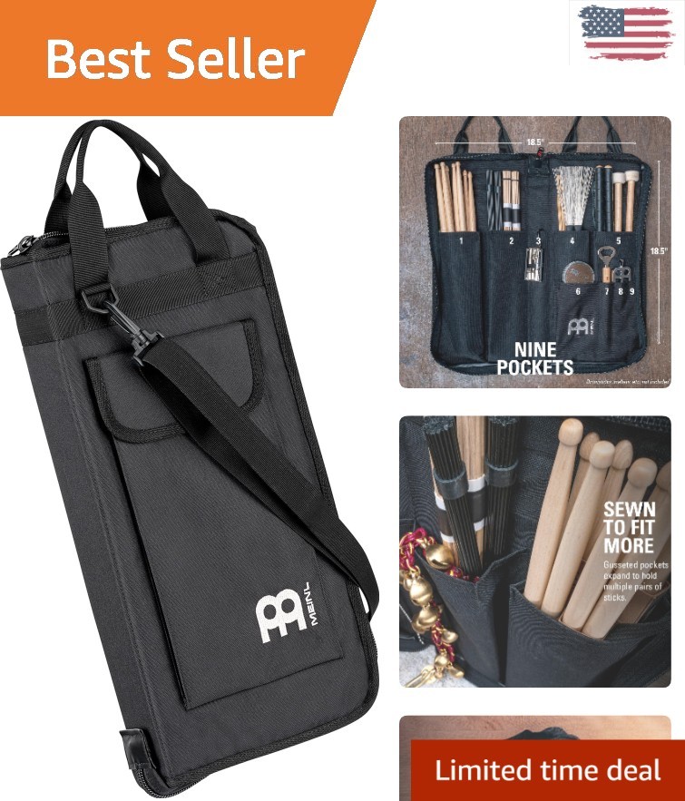 Heavy-Duty Drumstick and Accessory Bag with Adjustable Shoulder Strap - Black
