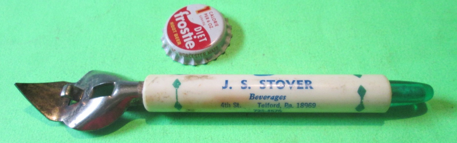 VTG J.S. STOVER DISTRIBUTOR BEER SODA CAN BOTTLE OPENER TELFORD PA