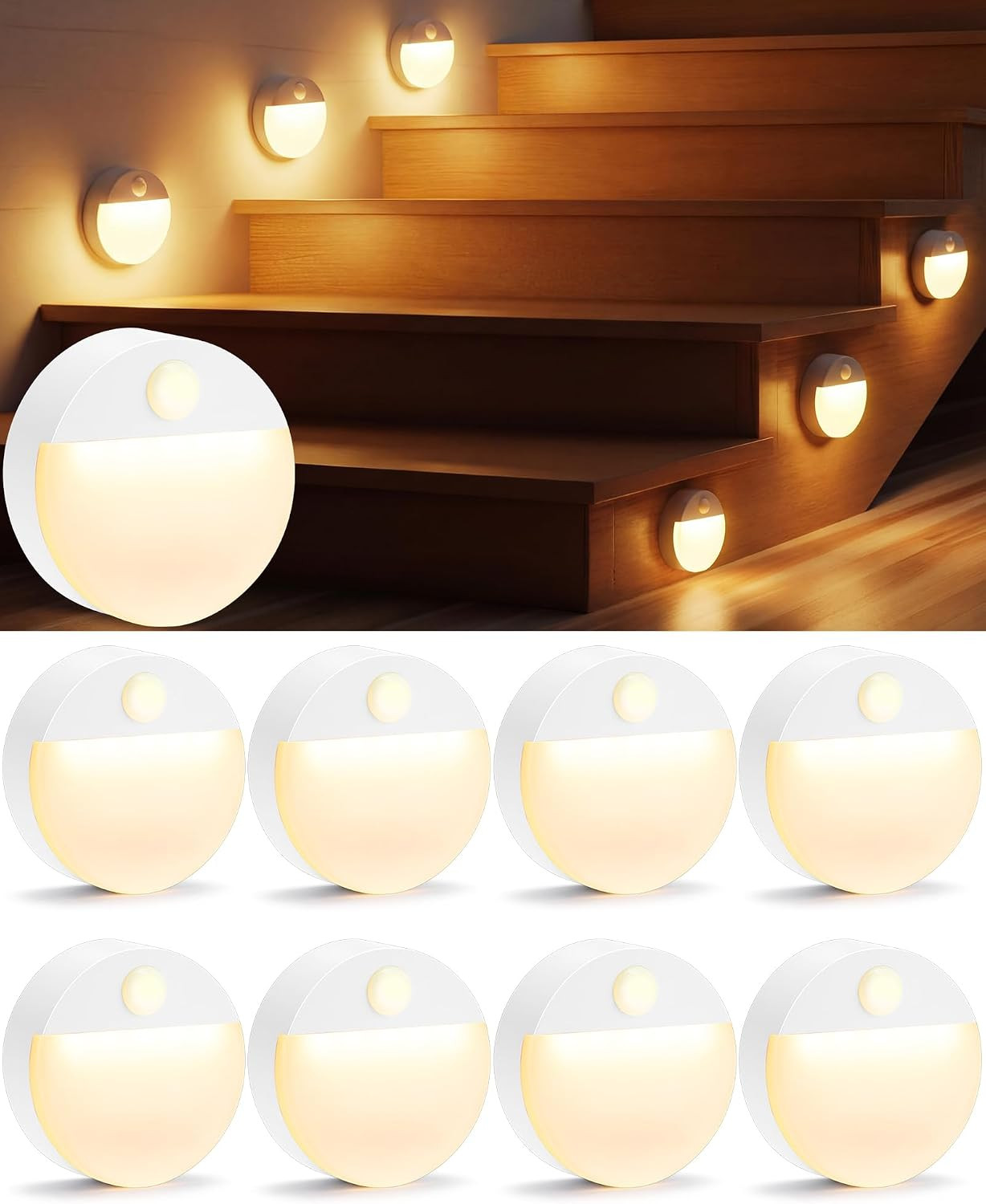 8 Pack Motion Sensor Stair Light for Indoor, Battery Operated Closet