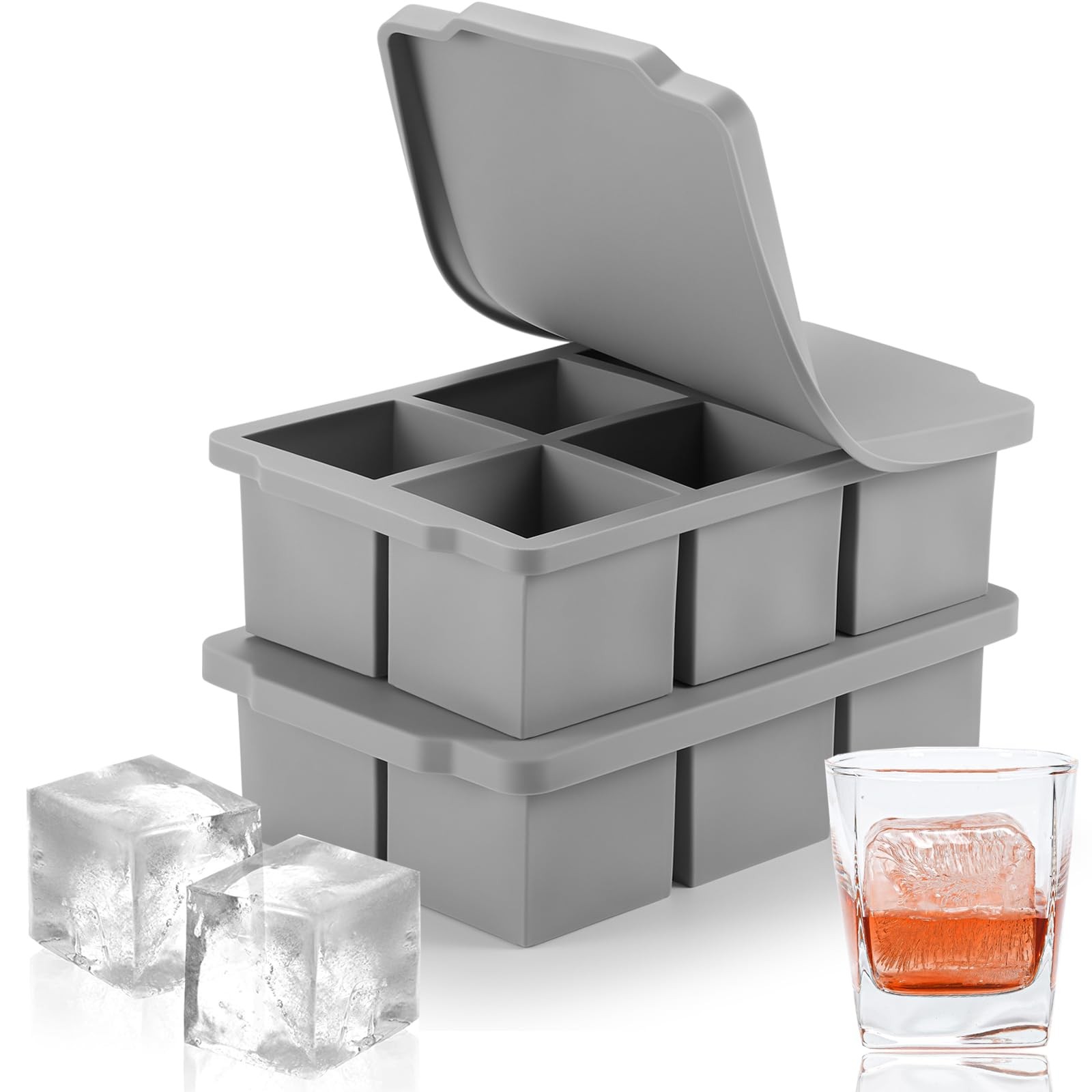 2 Pack Grey Large Ice Cube Tray with Lid 2 Inch Cubes