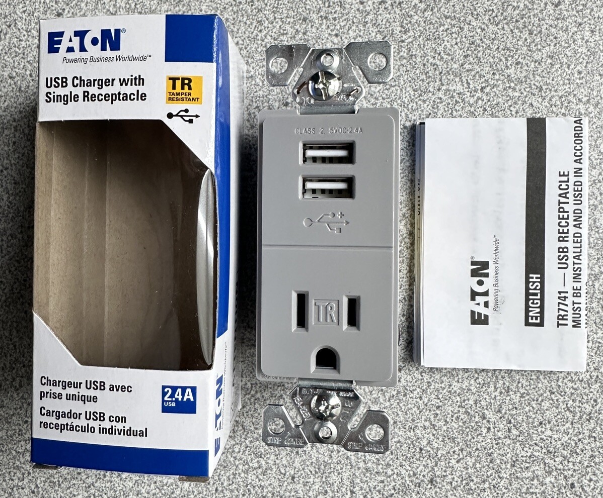 NEW EATON TR7741GY Dual USB Charger with Single Tamper Resistant Receptacle Gray