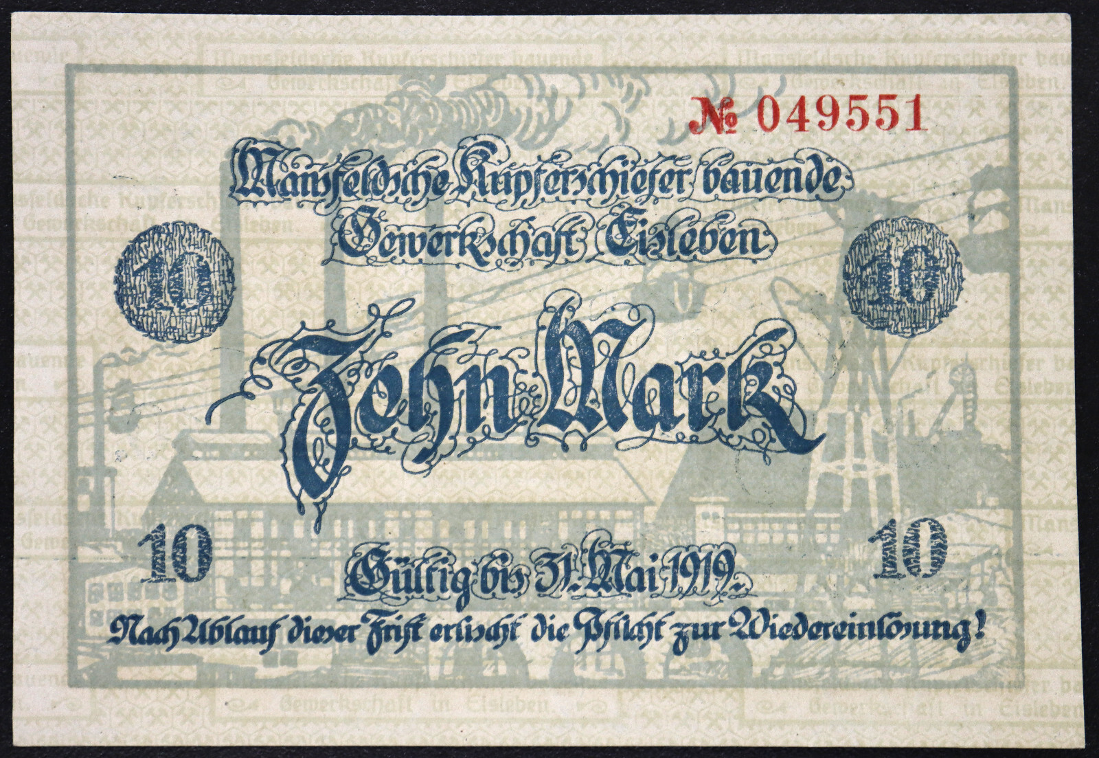 EISLEBEN 1918 "Mansfeld Copper Shale" 10 Mark Grossnotgeld German Notgeld