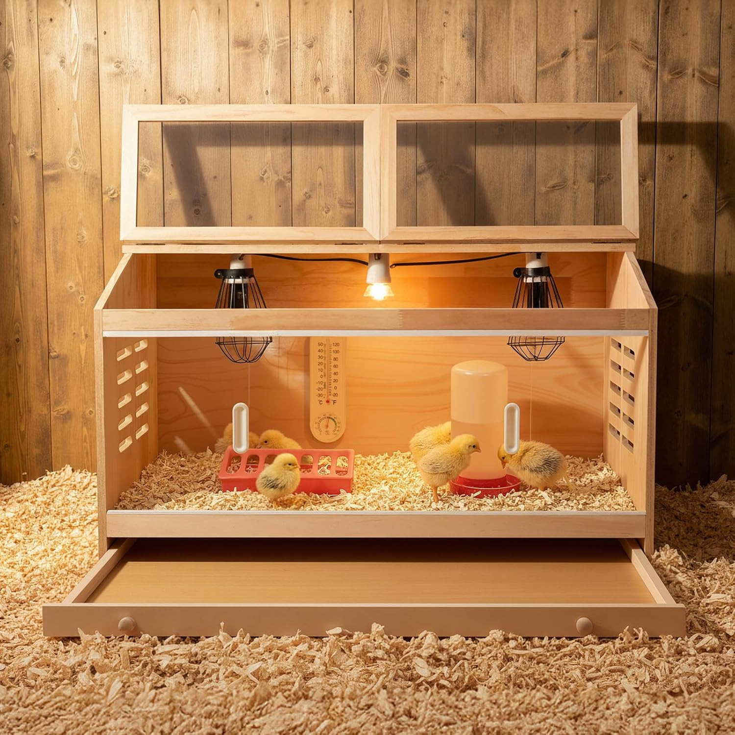 Large Drawers Brooder Box for Chicks Wooden Chicken Brooder Box, with 3 Heating