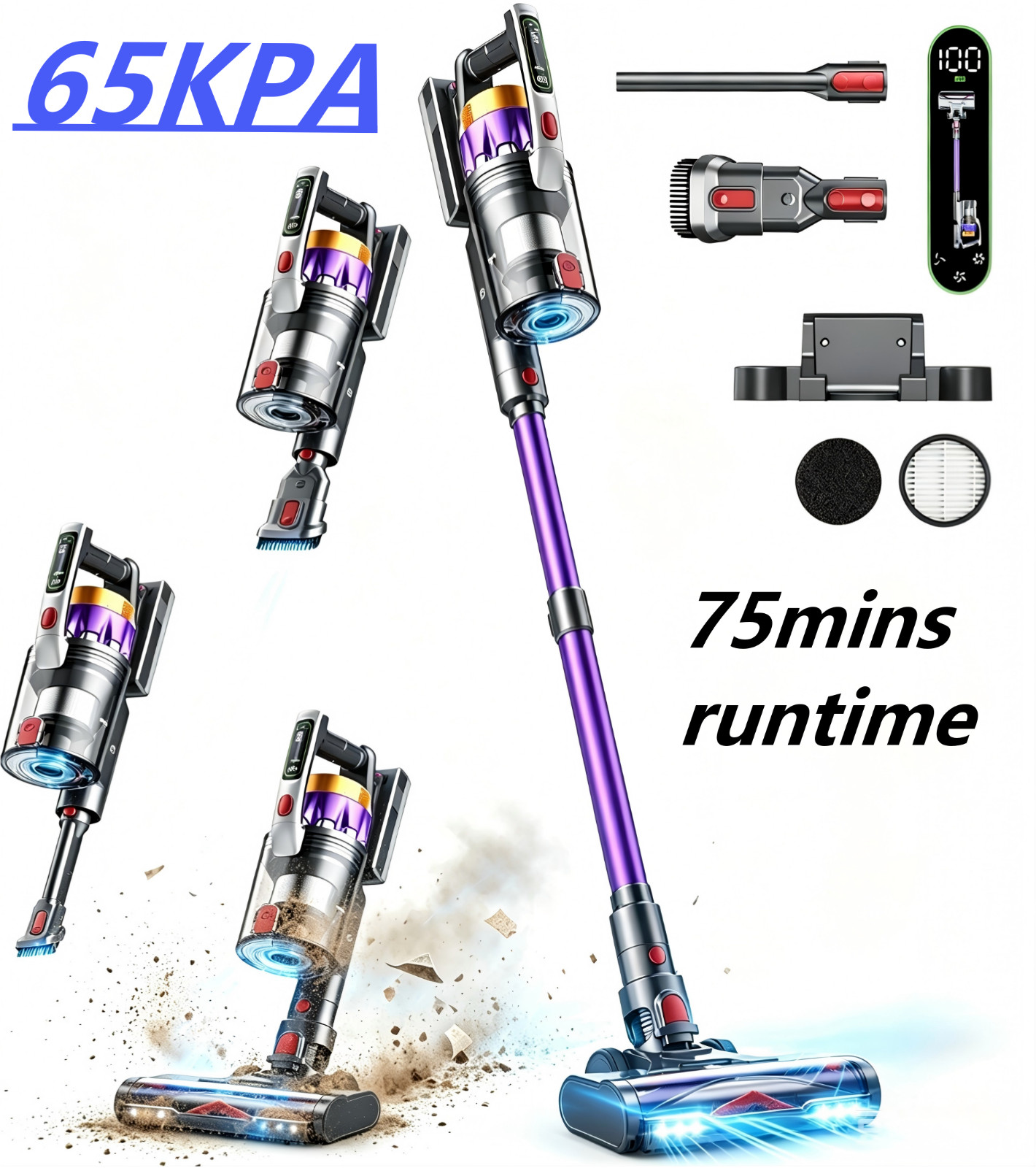 Cordless Vacuum Cleaner 65KPA 75min Stick Self-Standing forHardwood Floor Carpet