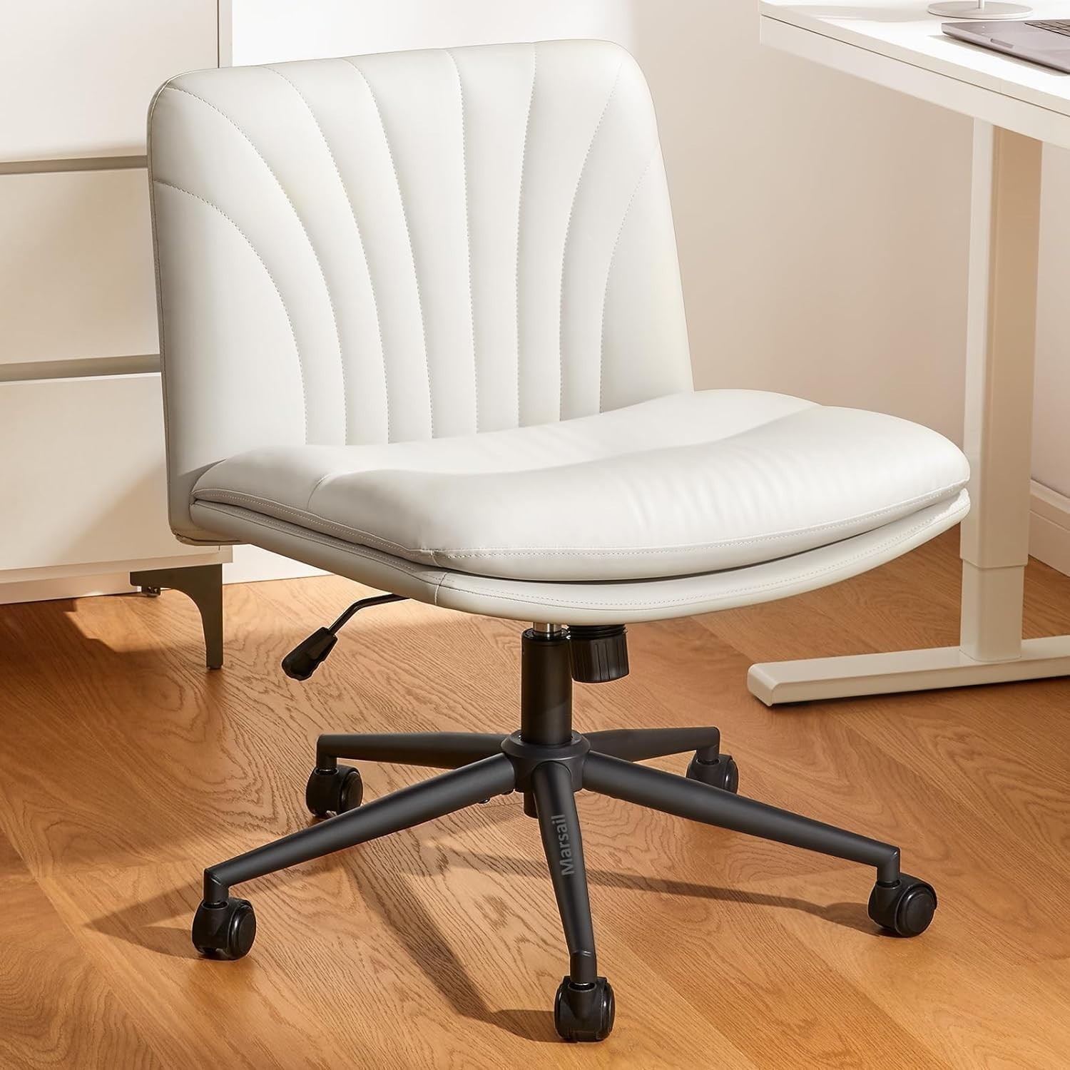 Armless-Office Desk Chair with Wheels: PU Leather Cross Legged Wide Chair,Com...