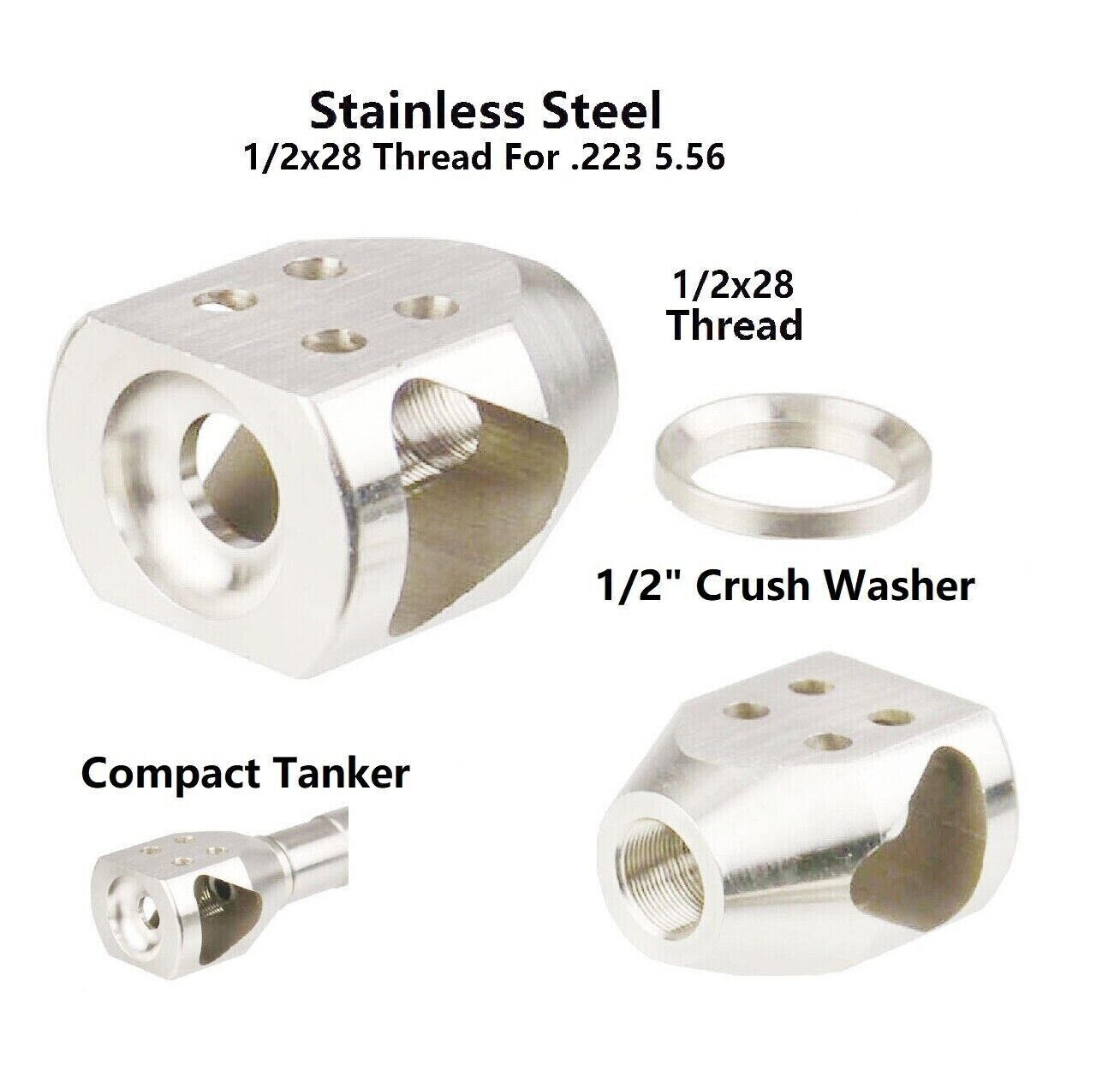1/2x28 Thread Compensator Stainless Steel Compact Mini Tanker Muzzle Brake