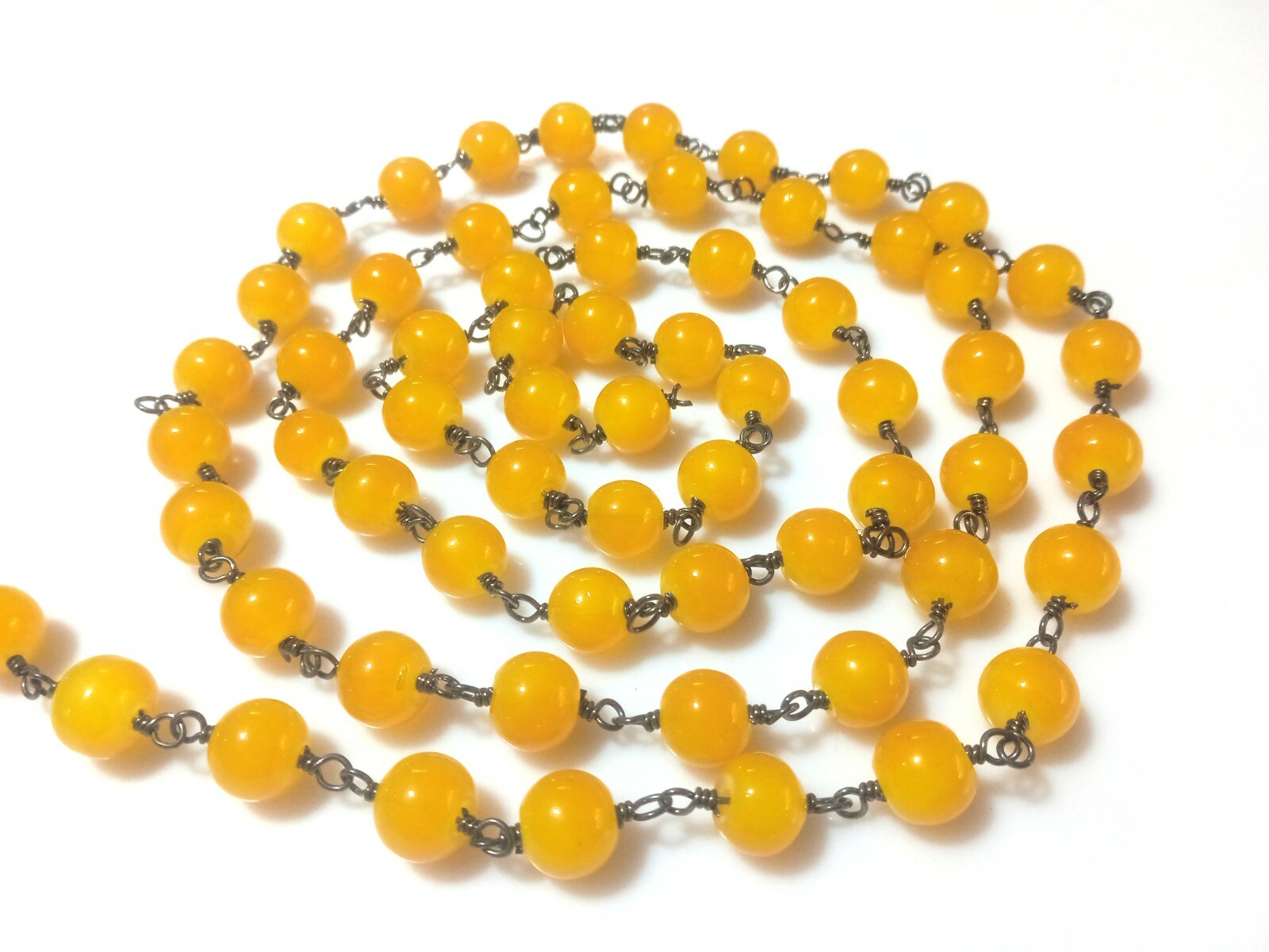 YELLOWCHALCEDONY ROUND 8MM SMOOTH GEMSTONE ROSARY BEAD CHAIN BLACK PLATED 5 FEET