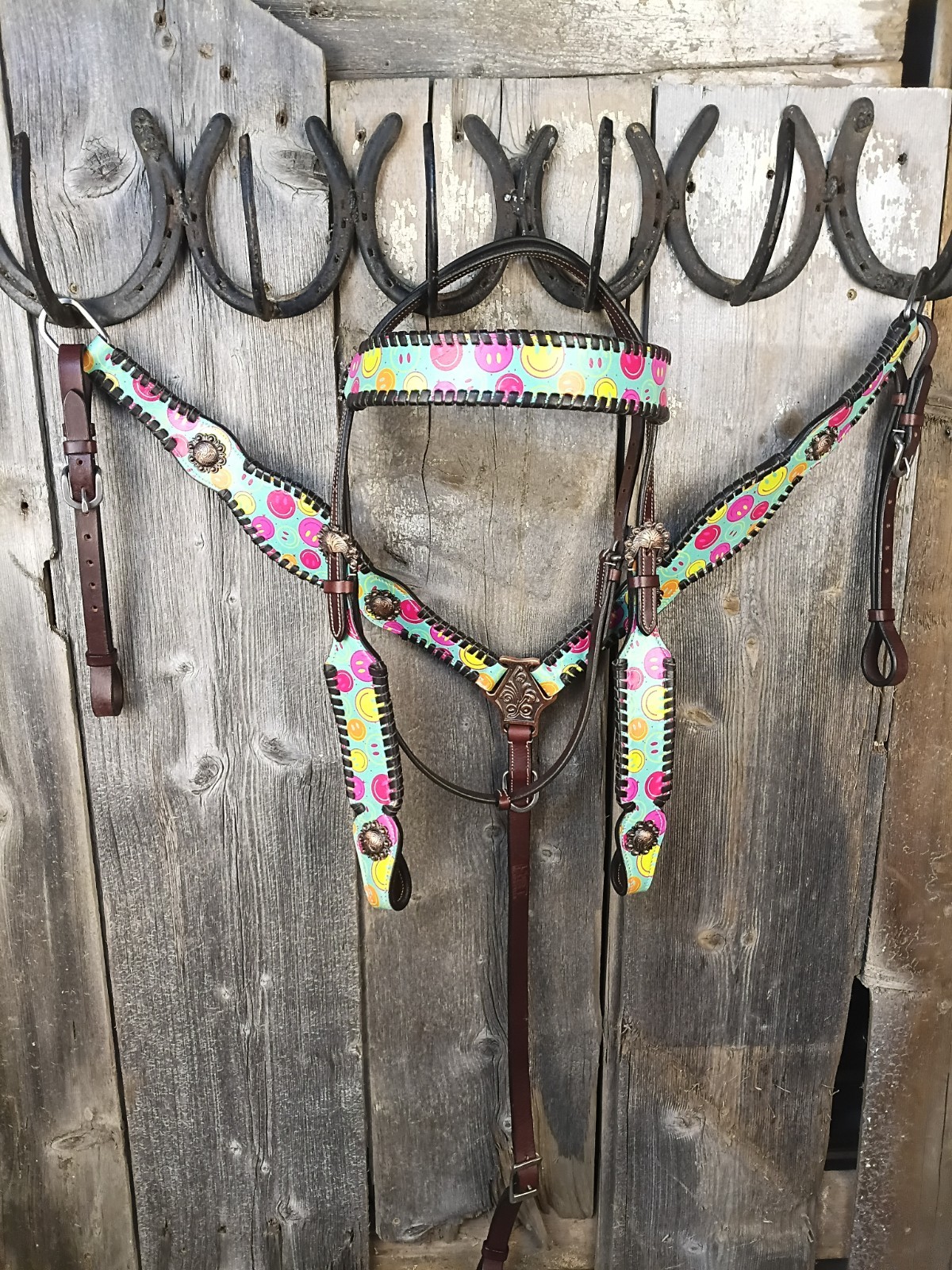 Hot Headstalls Neon Smiles Leather Headstall & Breast Collar Tack Set- NEW!