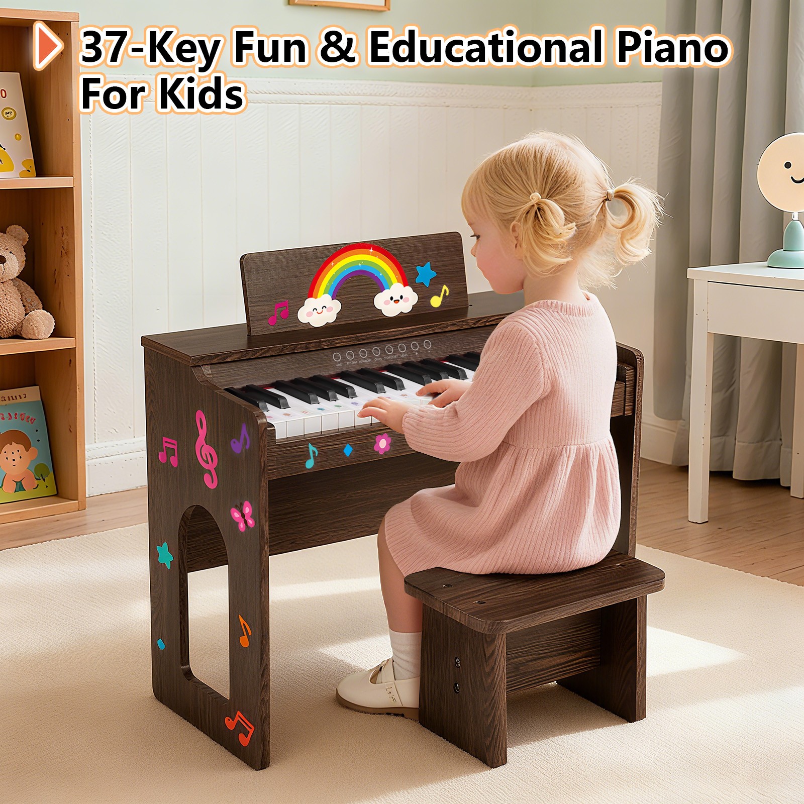 Brown Wood 37 Keys Kids Digital Piano Keyboard Toys w/ Stool, Stickers, Cover