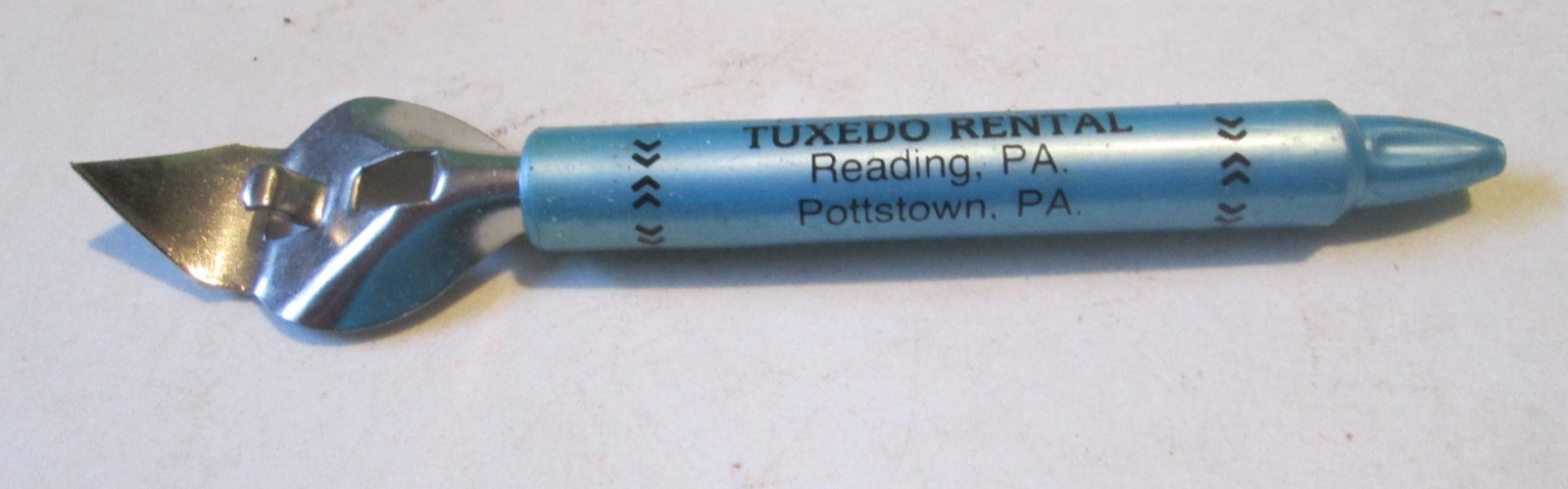 VTG JACK O'RELLY TUXEDO RENTAL METAL PLASTIC CAN BOTTLE OPENER READING PA.