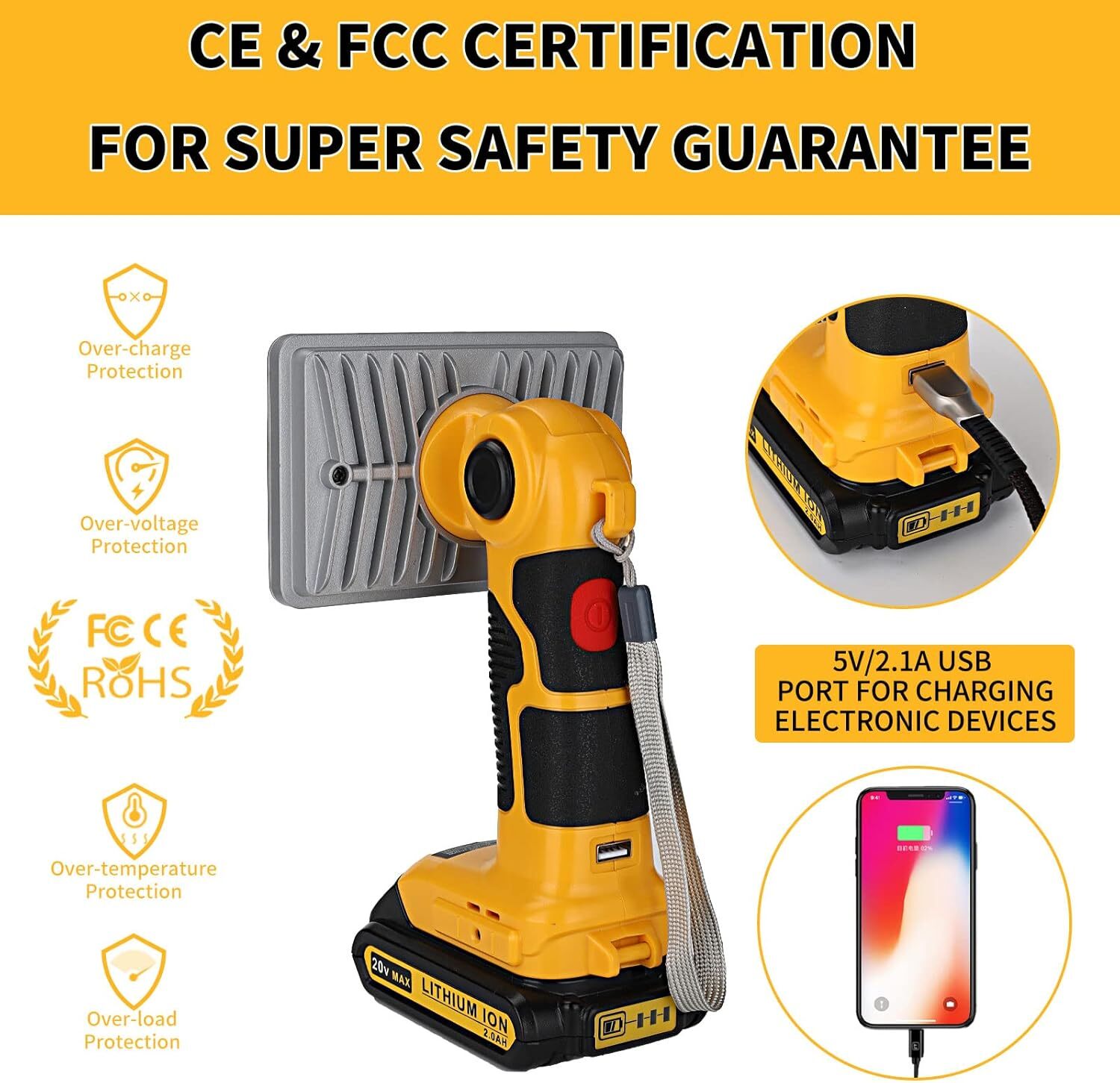 2000LM LED Work Light Suitable For DeWalt 20 VOLT MAX XR DCB205 Li-Ion Battery