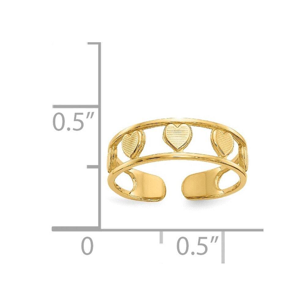14k Yellow Gold Solid Textured Hearts Toe Ring - Adjustable Gold Toe Rings for