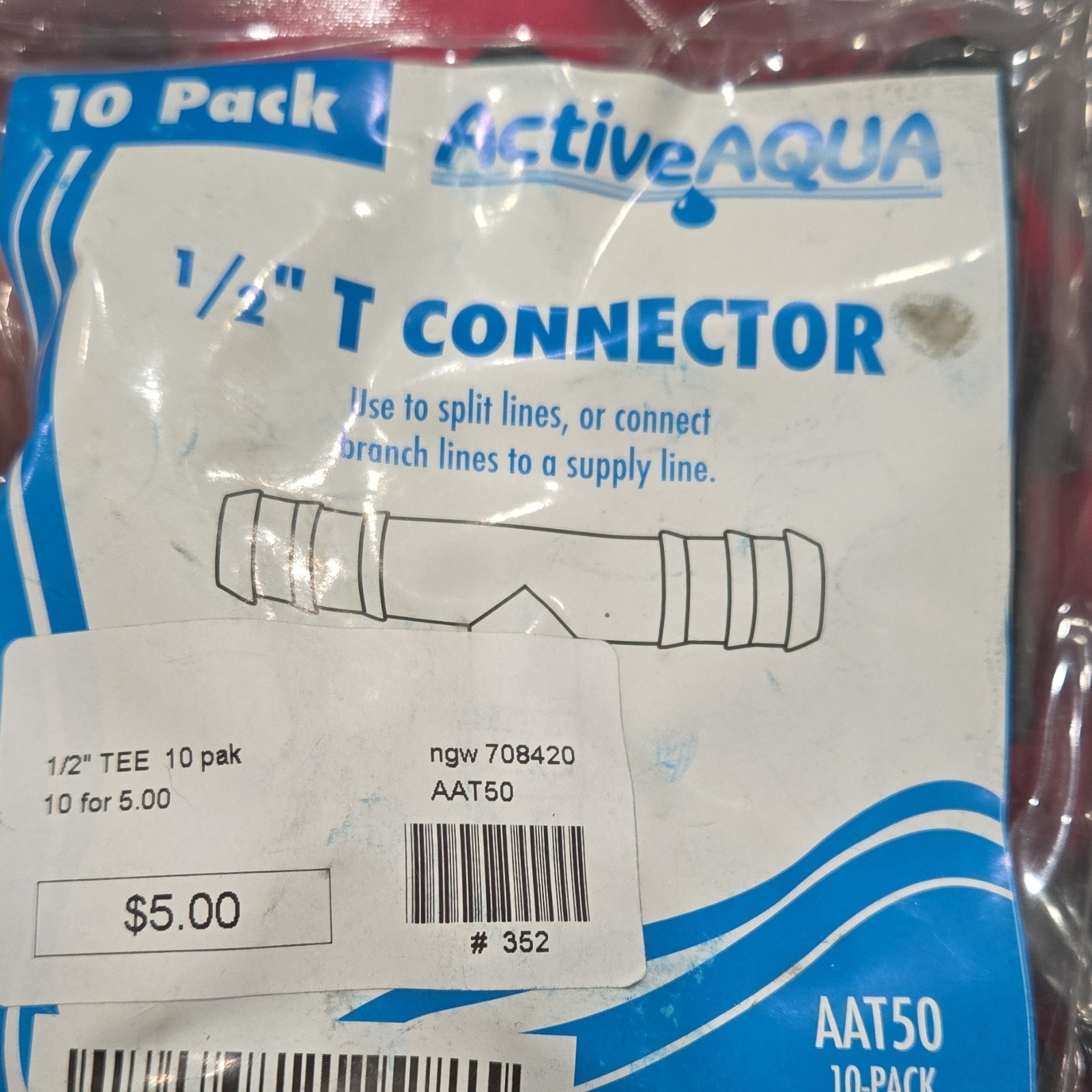 Active Aqua 1/2" T Connector Irrigation Accessories 10 Pack MPN AAT50