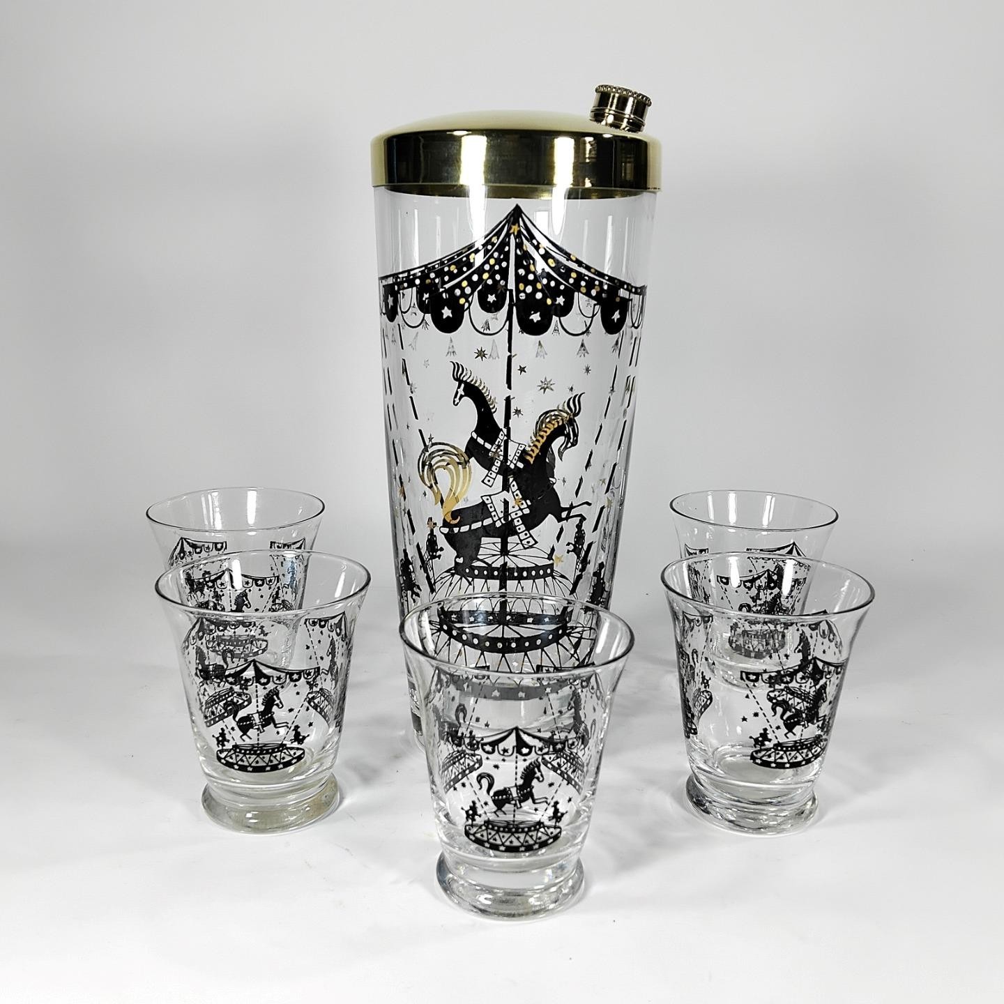 VTG Mid-Century 50s Cocktail Shaker & Glasses Black Gold Carousel Horses Bar Set