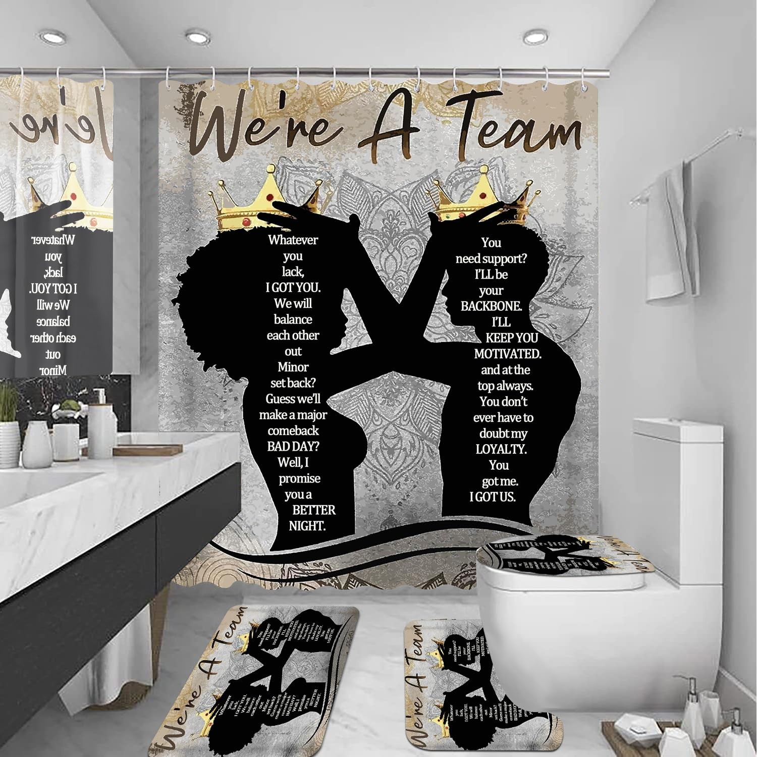 Black King Queen Shower Curtain Set with Inspirational Quotes and Bath Mats