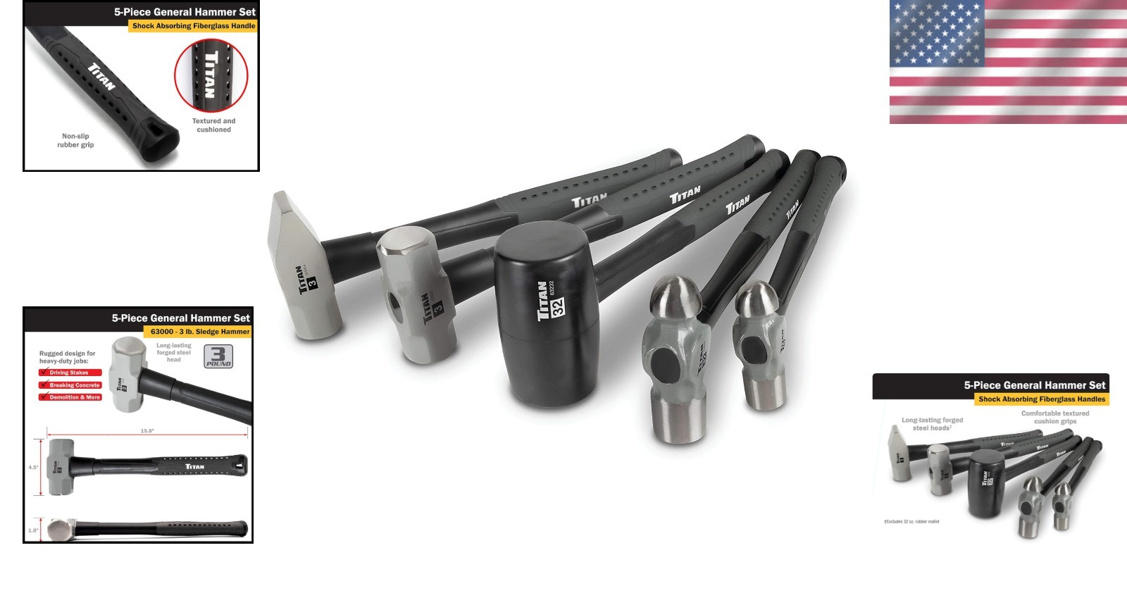 Professional 5-Piece Hammer Set with Rubber Handles