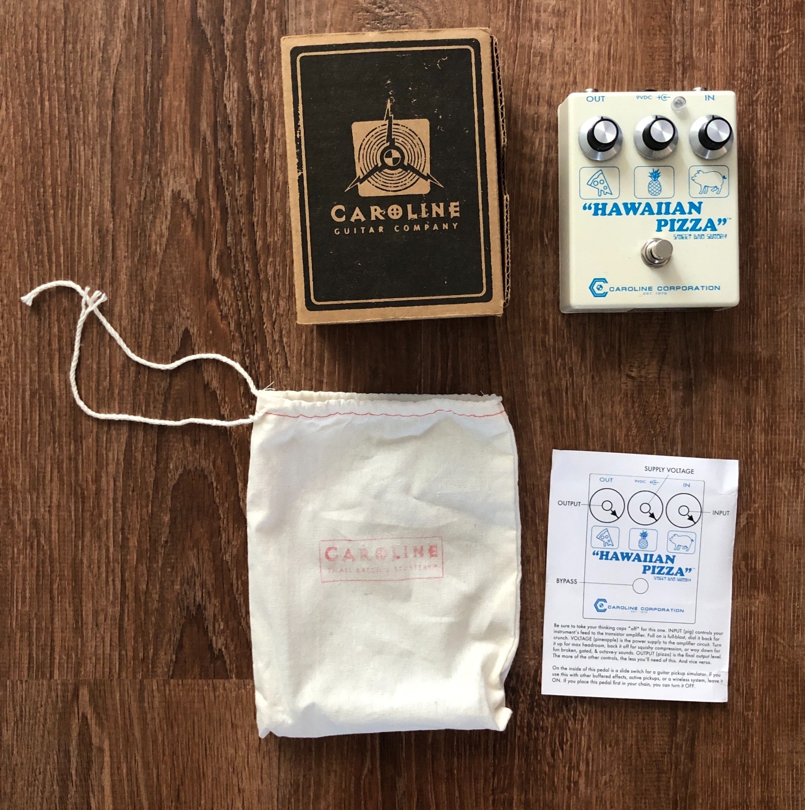 Caroline Guitar Company Hawaiian Pizza Fuzz Overdrive used with box