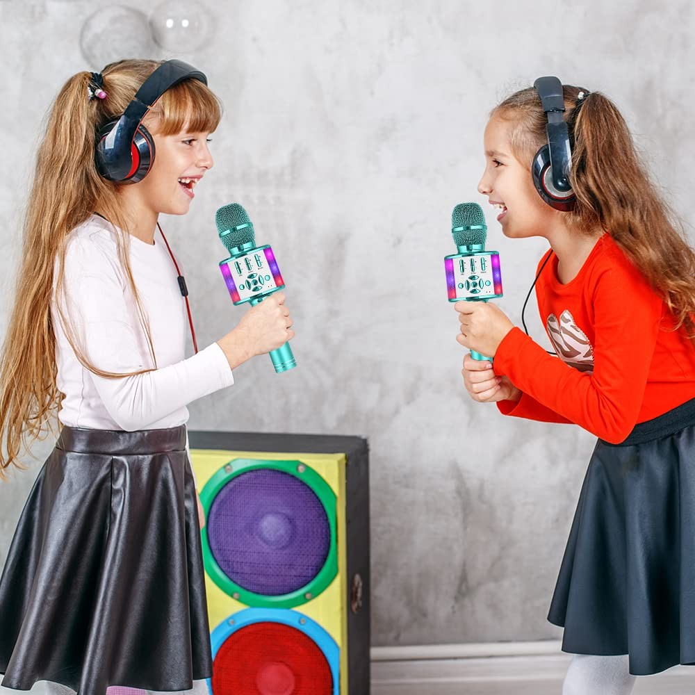 Kids Karaoke Microphone Bluetooth with LED Light Toy Gift for Children Blue
