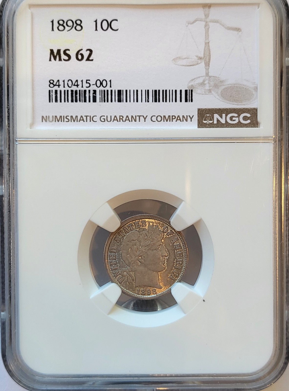 1898-P   NGC MS-62   Moderate deep silver/gray tone   Barber Silver Dime   #234
